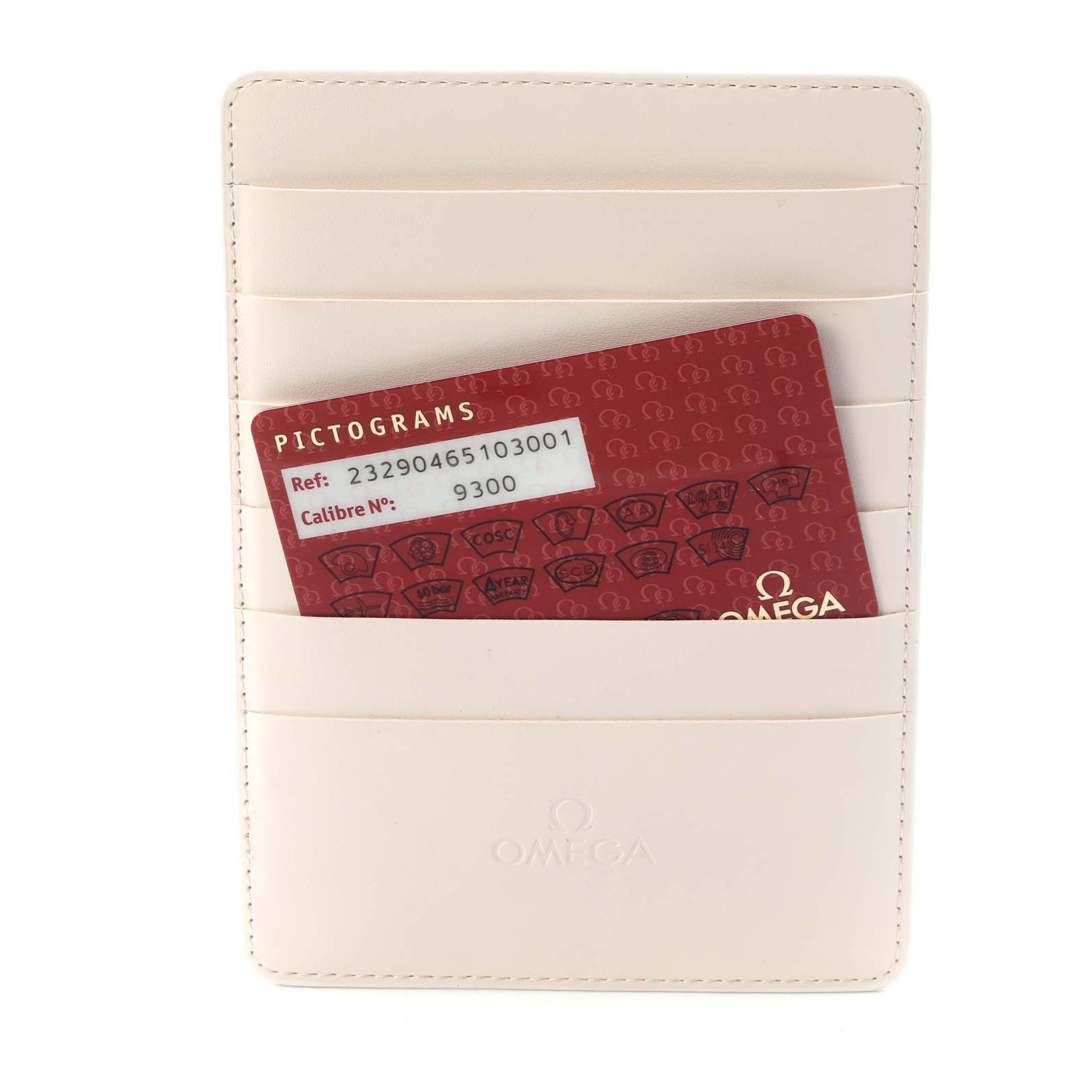 The image shows an Omega Planet Ocean 232.90.46.51.03.001 Men
s Titanium Blue Dial 232.90.46.51.03.001 Men
s Titanium Blue Dial model cardholder at a straight angle, displaying red pictograms and details in a beige holder.