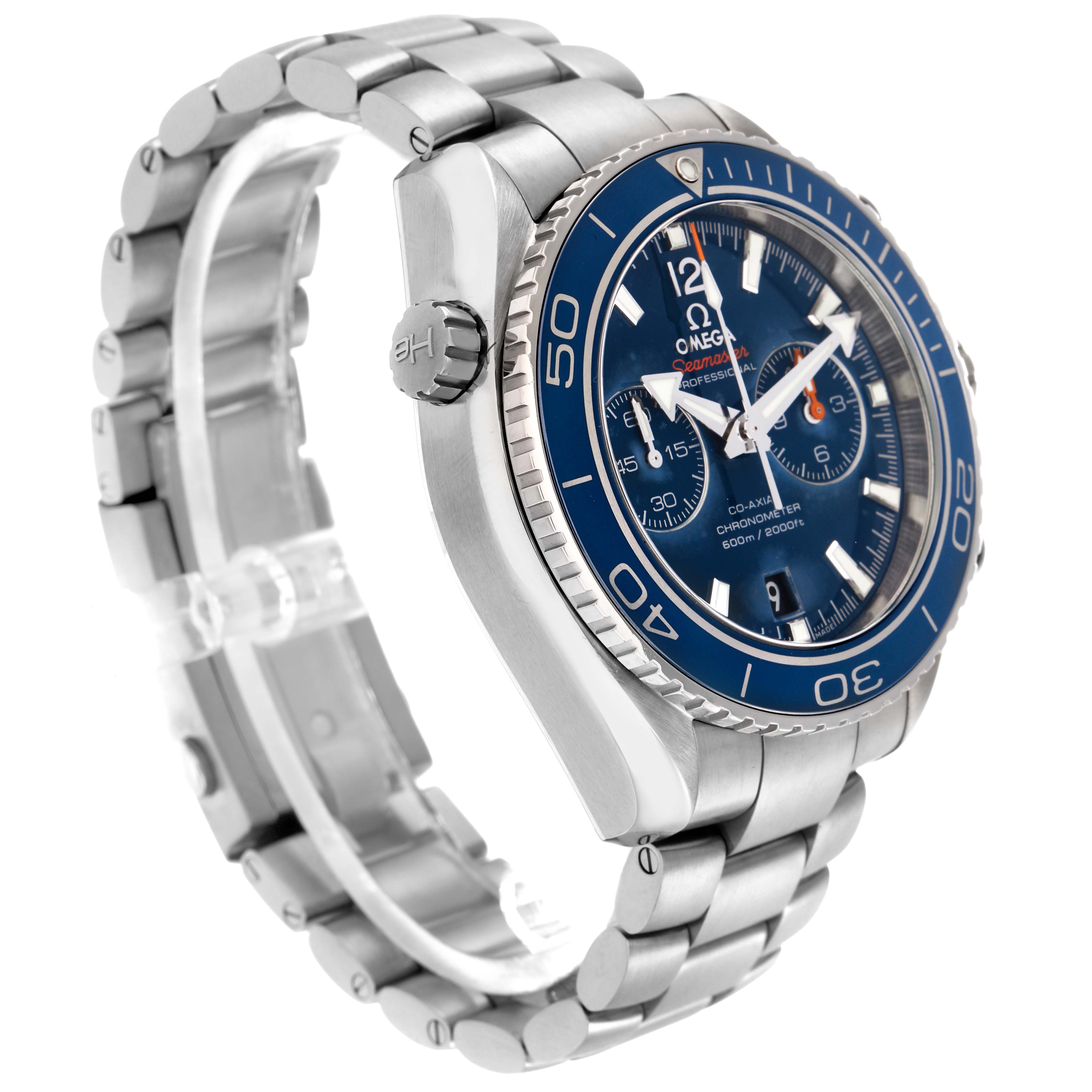 The Omega Planet Ocean 232.90.46.51.03.001 Men
s Titanium Blue Dial 232.90.46.51.03.001 Men
s Titanium Blue Dial watch is shown at a side angle, highlighting the bezel, dial, case, and bracelet.