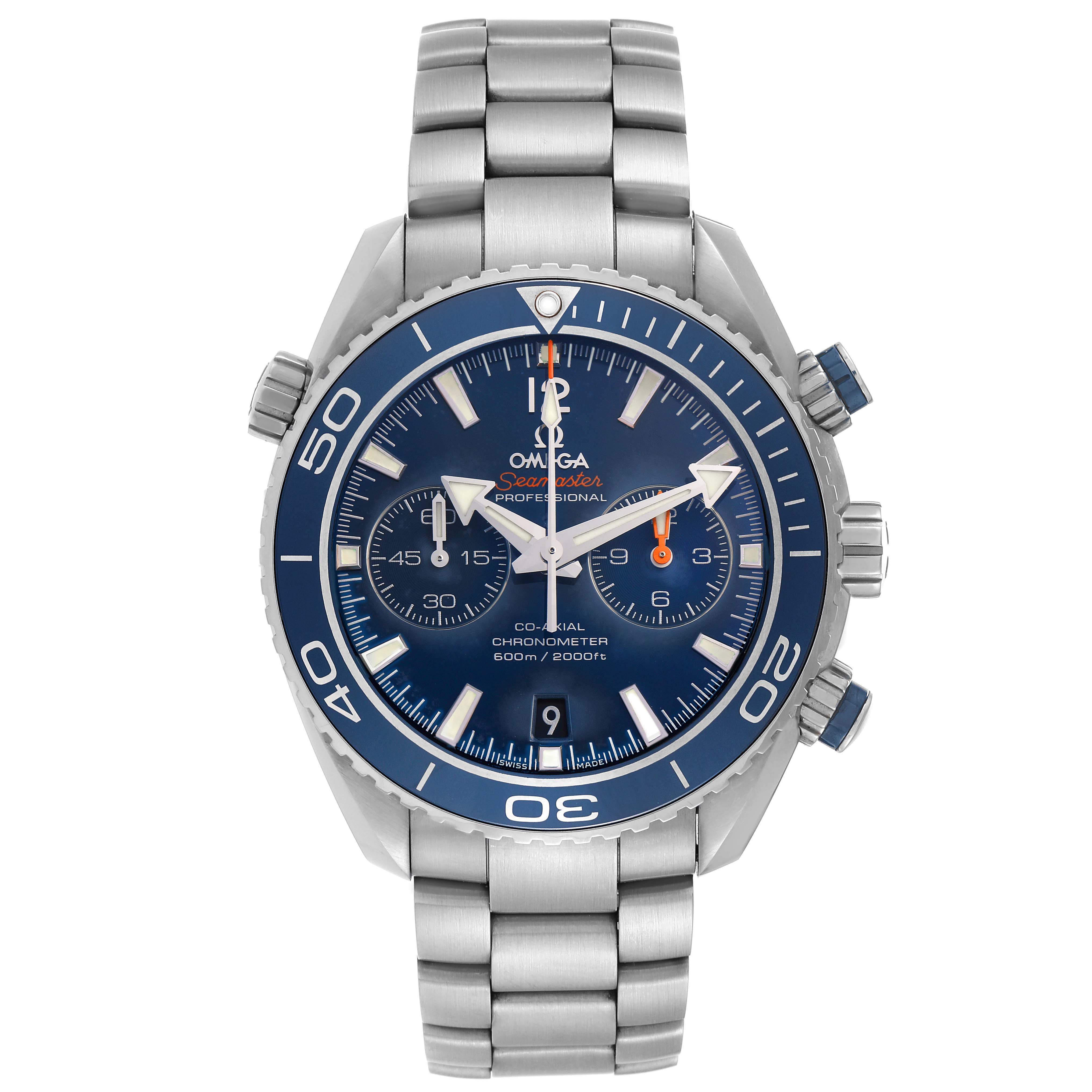 The Omega Planet Ocean 232.90.46.51.03.001 Men
s Titanium Blue Dial 232.90.46.51.03.001 Men
s Titanium Blue Dial watch is shown from the front, displaying its blue dial, silver bracelet, and chronograph features.
