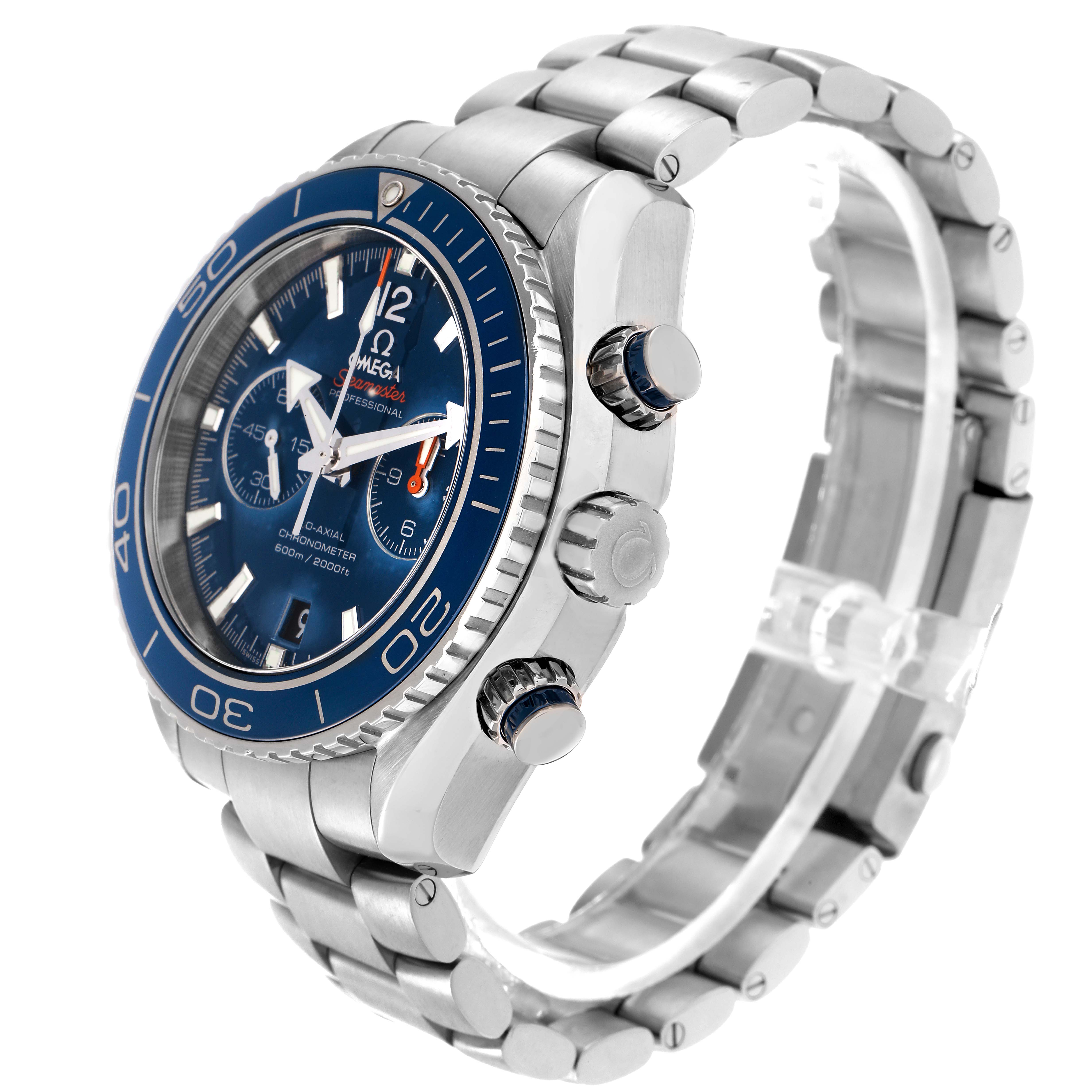 The Omega Planet Ocean 232.90.46.51.03.001 Men
s Titanium Blue Dial 232.90.46.51.03.001 Men
s Titanium Blue Dial watch is displayed at a three-quarter angle, showing the side, bezel, crown, and part of the bracelet.