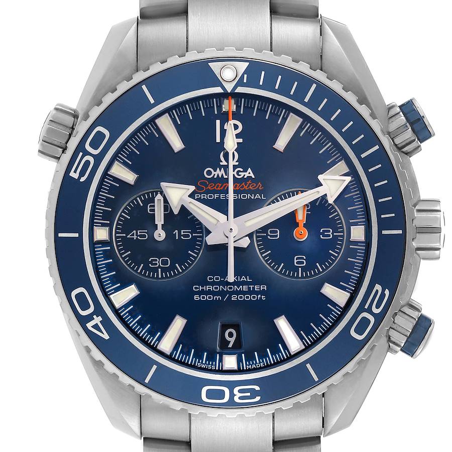 The Omega Planet Ocean watch is shown from a front angle, highlighting the dial, bezel, and chronograph subdials.
