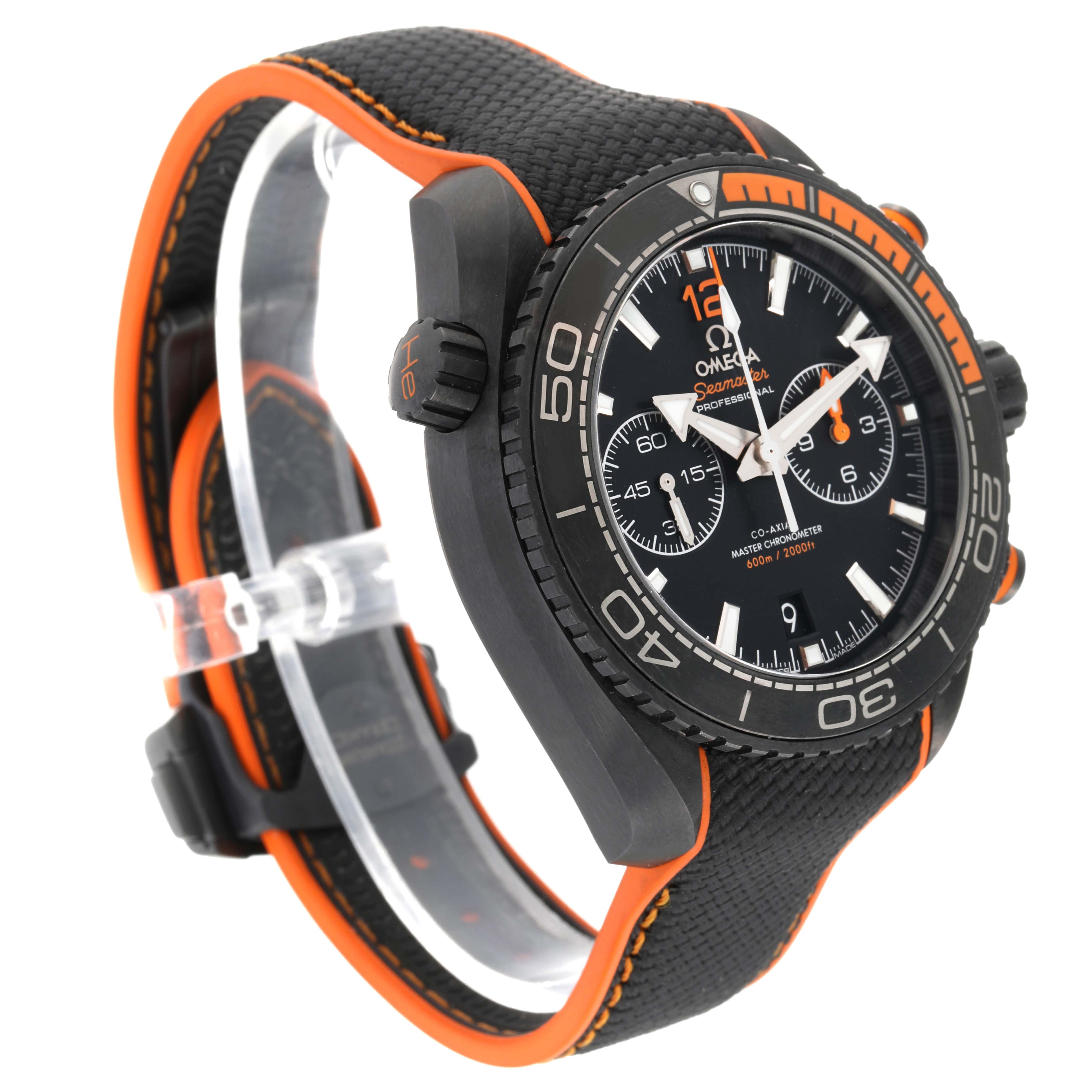 The image shows an Omega Planet Ocean 215.92.46.51.01.001 Men's Titanium Black Dial 215.92.46.51.01.001 Men's Titanium Black Dial watch at a three-quarter angle featuring the face, bezel, and strap with orange accents.