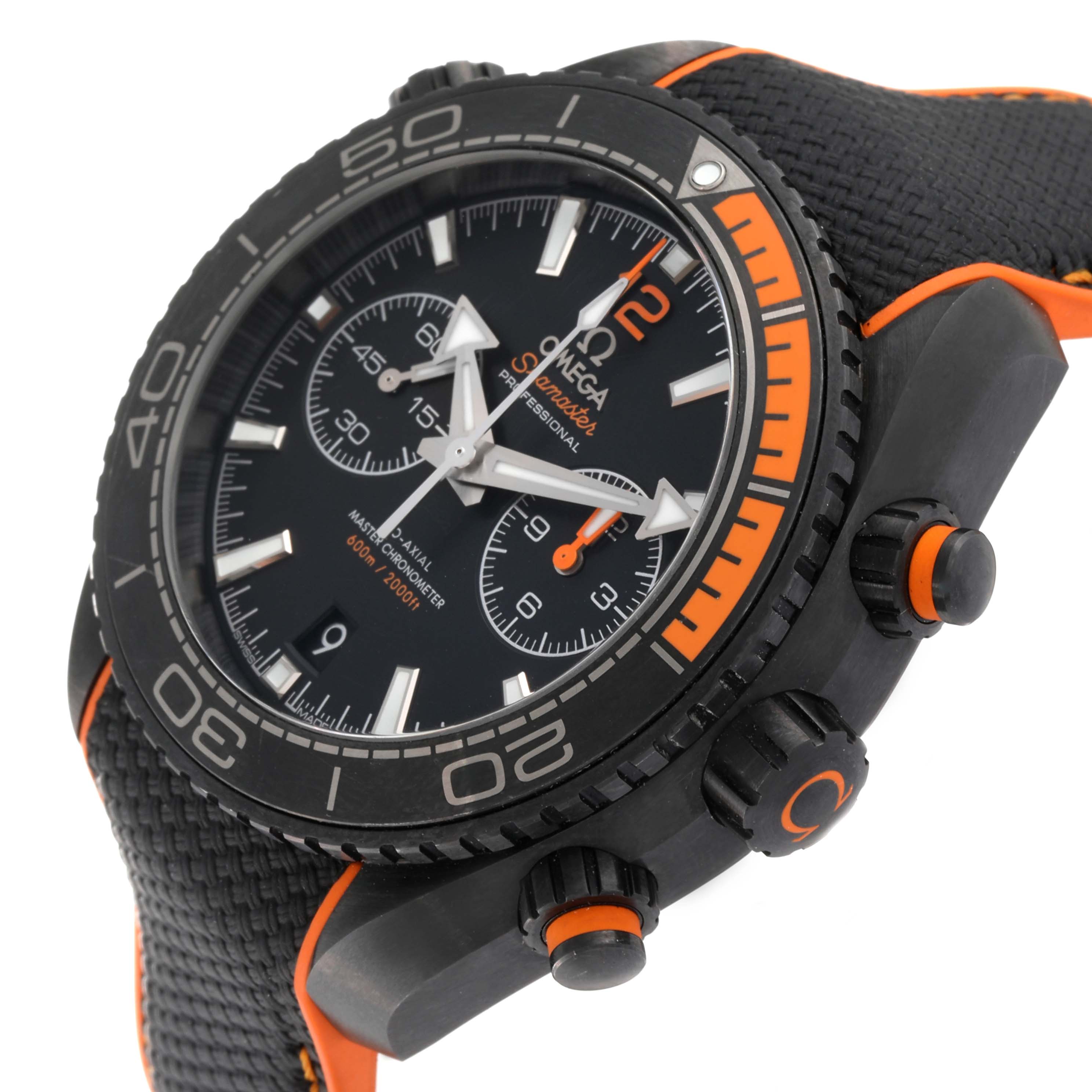 The image shows a close-up, angled view of the Omega Planet Ocean 215.92.46.51.01.001 Men's Titanium Black Dial 215.92.46.51.01.001 Men's Titanium Black Dial watch, highlighting its bezel, dial, and side pushers.