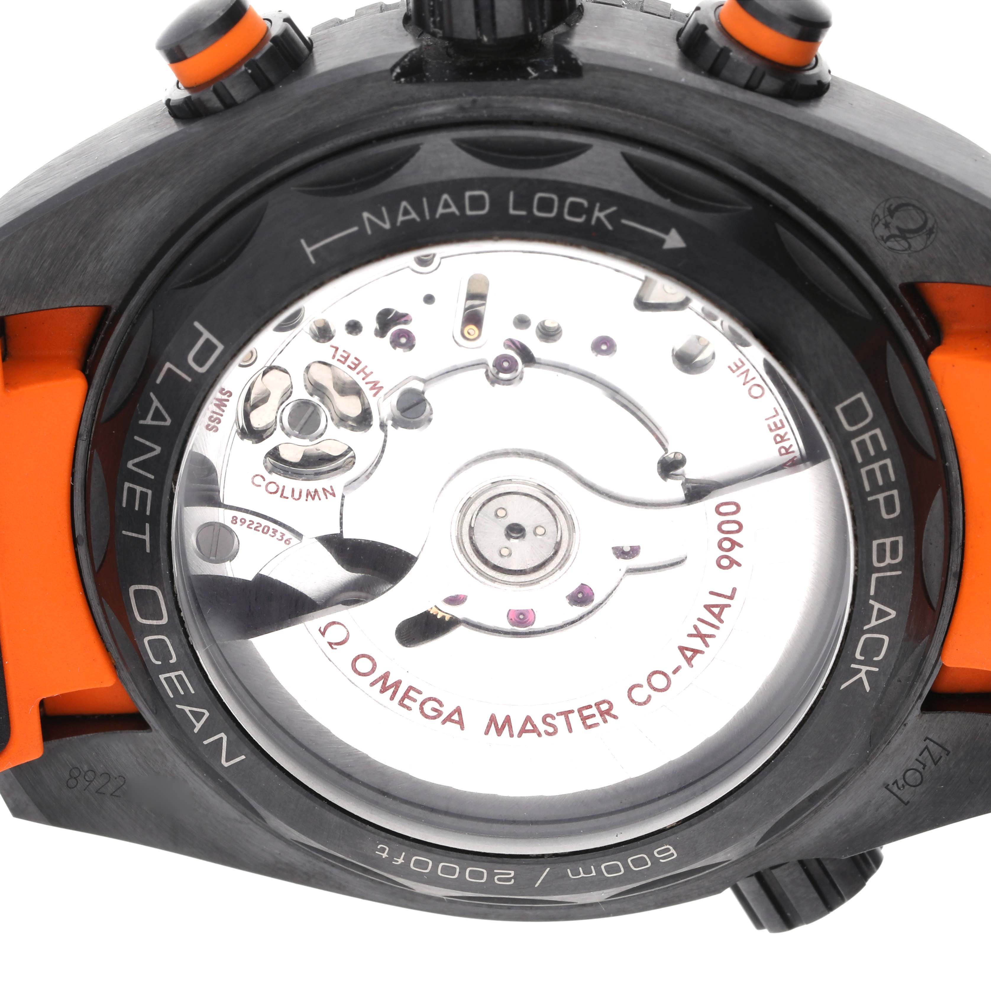 The image shows the case back of the Omega Planet Ocean 215.92.46.51.01.001 Men's Titanium Black Dial 215.92.46.51.01.001 Men's Titanium Black Dial watch, displaying its movement and "NAIAD LOCK" feature.