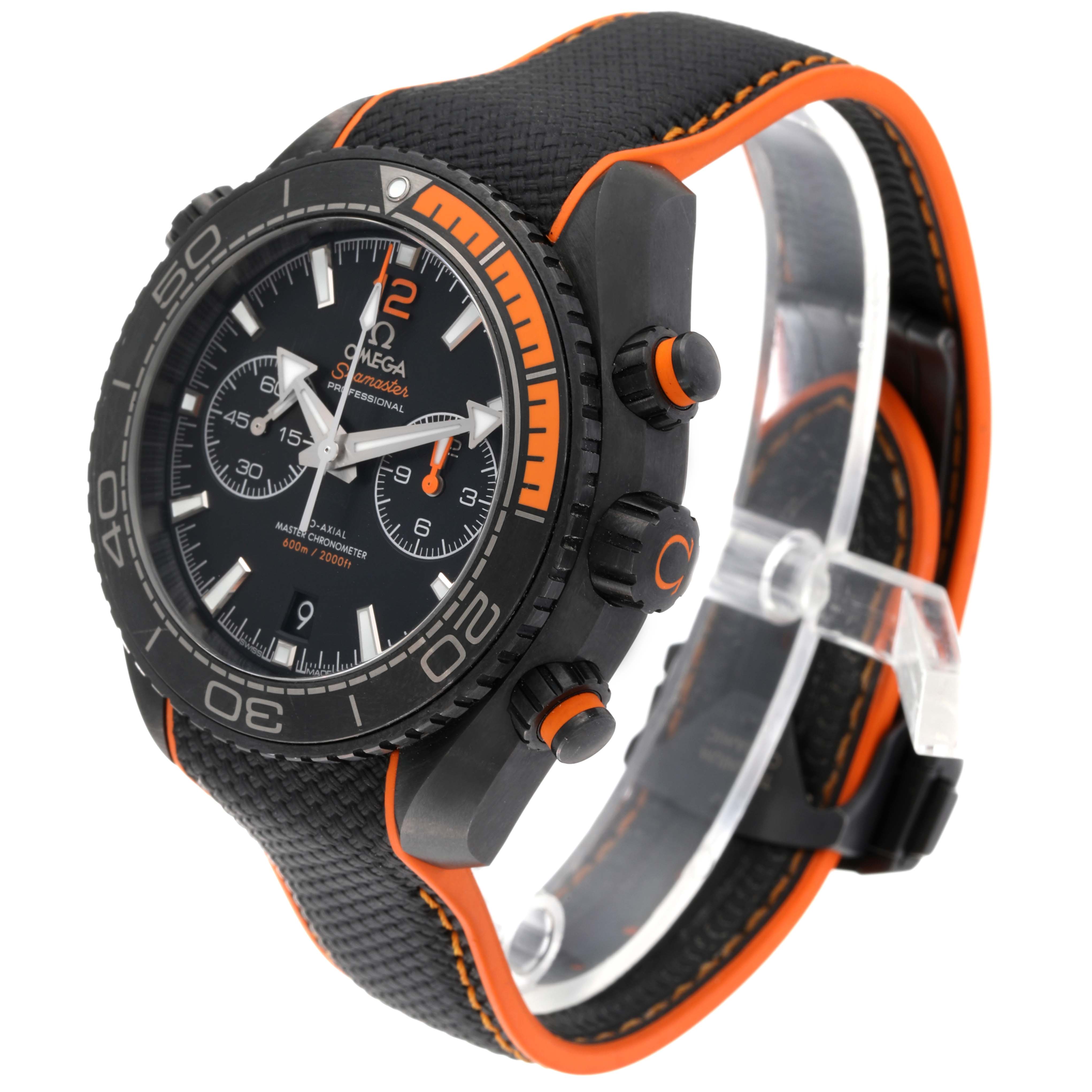 The image shows an angled view of the Omega Planet Ocean 215.92.46.51.01.001 Men's Titanium Black Dial 215.92.46.51.01.001 Men's Titanium Black Dial watch highlighting the face, bezel, chronograph buttons, and band.