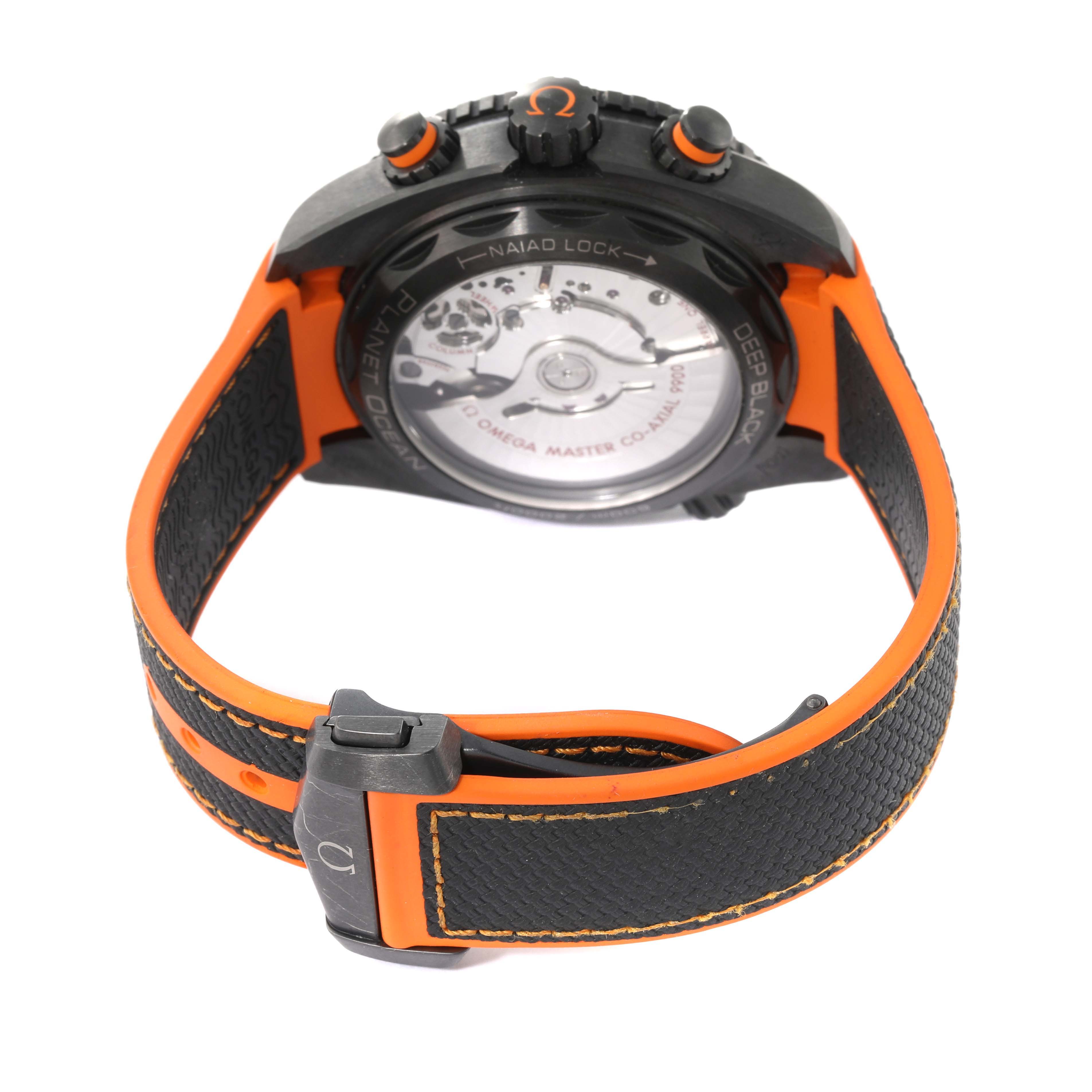 The image shows the back view of the Omega Planet Ocean 215.92.46.51.01.001 Men's Titanium Black Dial 215.92.46.51.01.001 Men's Titanium Black Dial watch, highlighting its clasp, strap, and transparent case back.