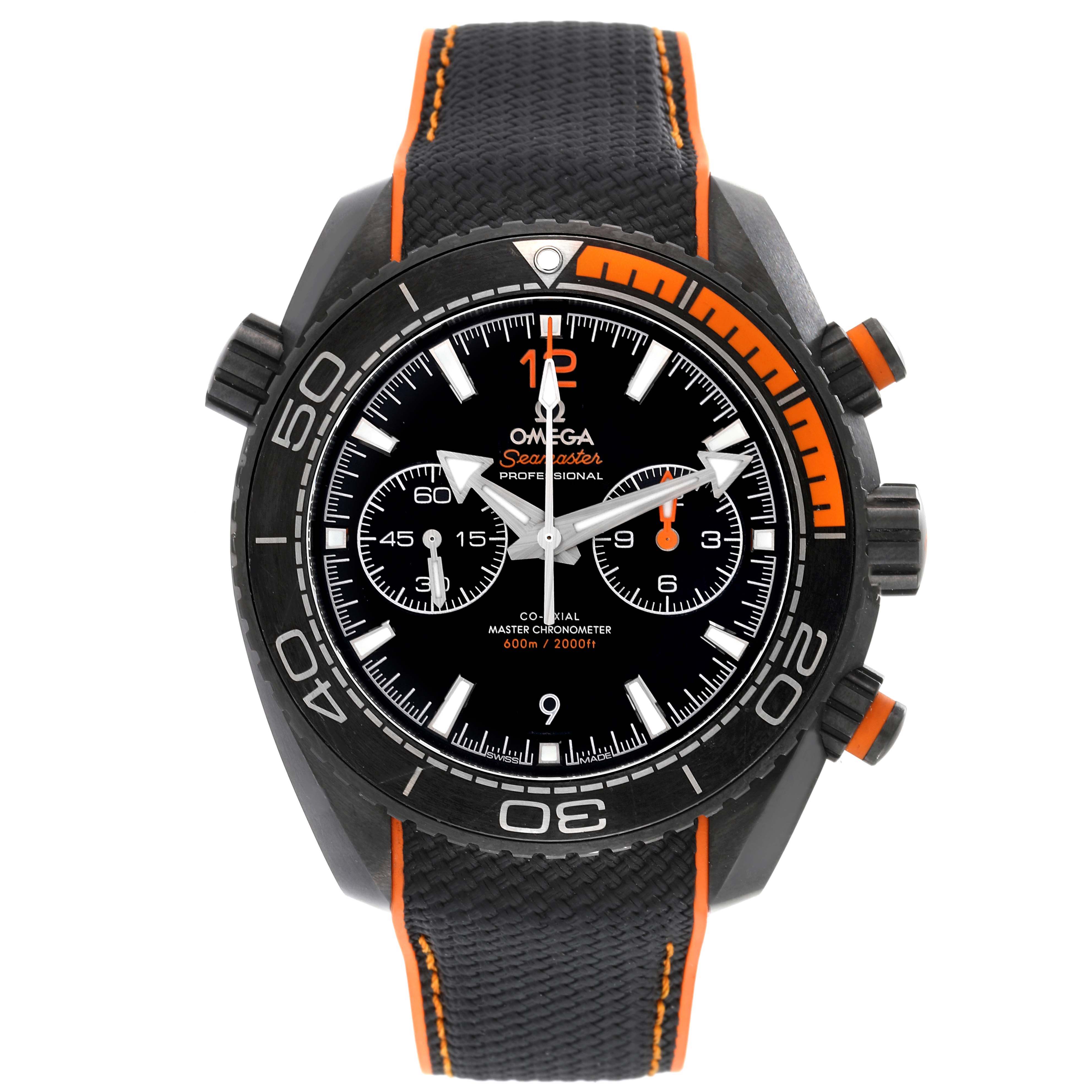 The image shows a front view of the Omega Planet Ocean 215.92.46.51.01.001 Men's Titanium Black Dial 215.92.46.51.01.001 Men's Titanium Black Dial watch, displaying its dial, bezel, subdials, and strap.