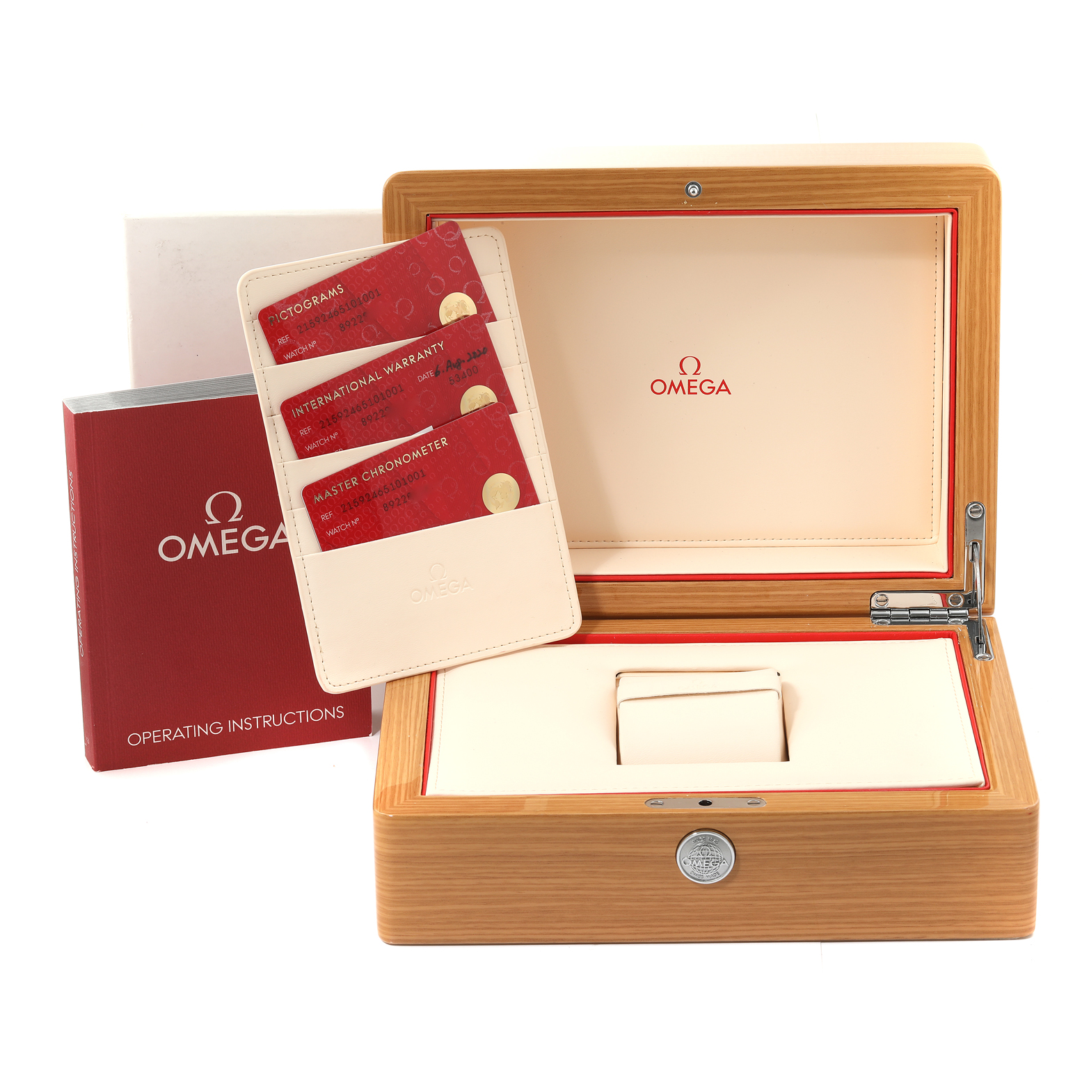 The image shows an Omega Planet Ocean 215.92.46.51.01.001 Men's Titanium Black Dial 215.92.46.51.01.001 Men's Titanium Black Dial watch box, operating instructions, and warranty cards from a front-angle view.