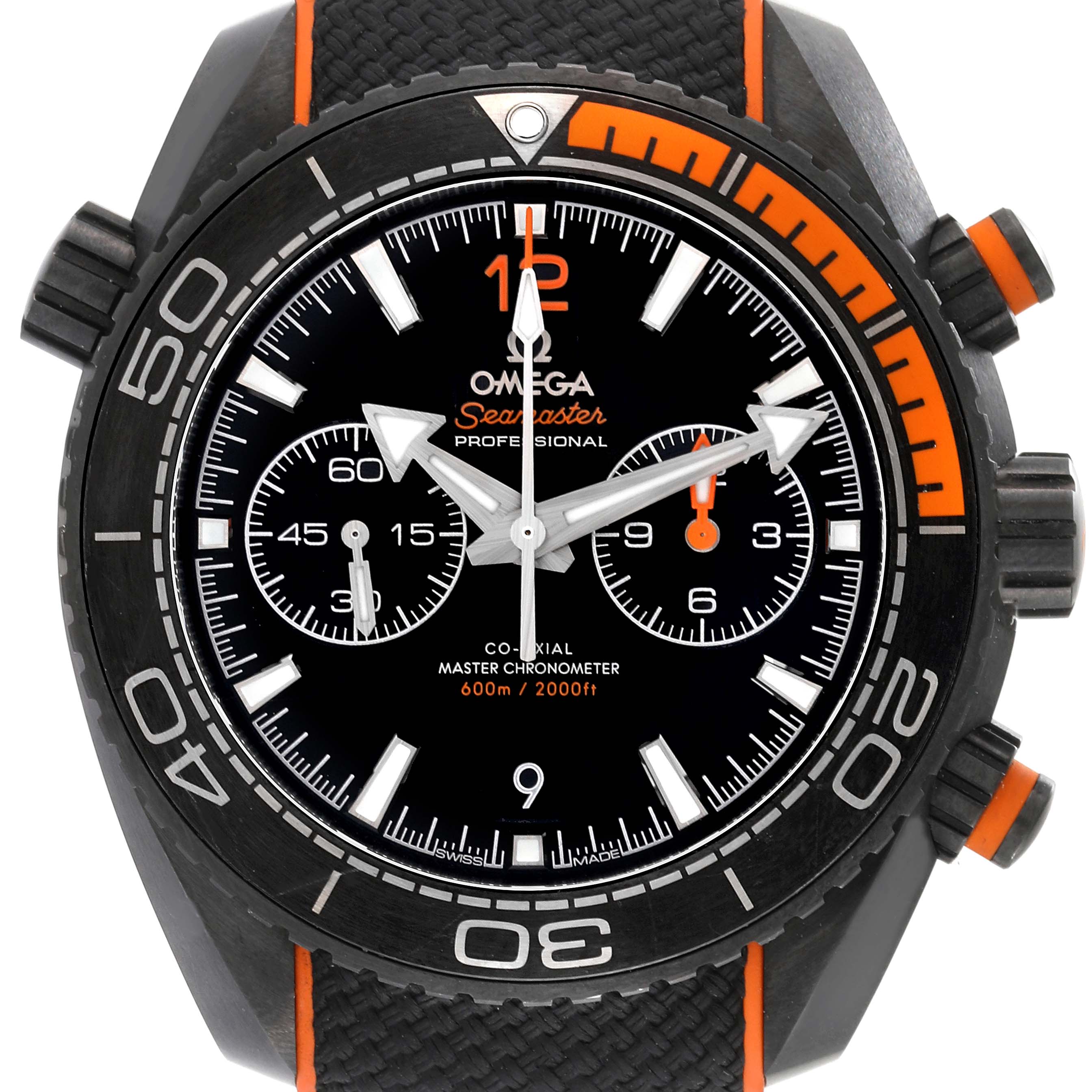 The image shows a front view of the Omega Planet Ocean 215.92.46.51.01.001 Men's Titanium Black Dial 215.92.46.51.01.001 Men's Titanium Black Dial model watch, highlighting the dial, bezel, pushers, and strap.