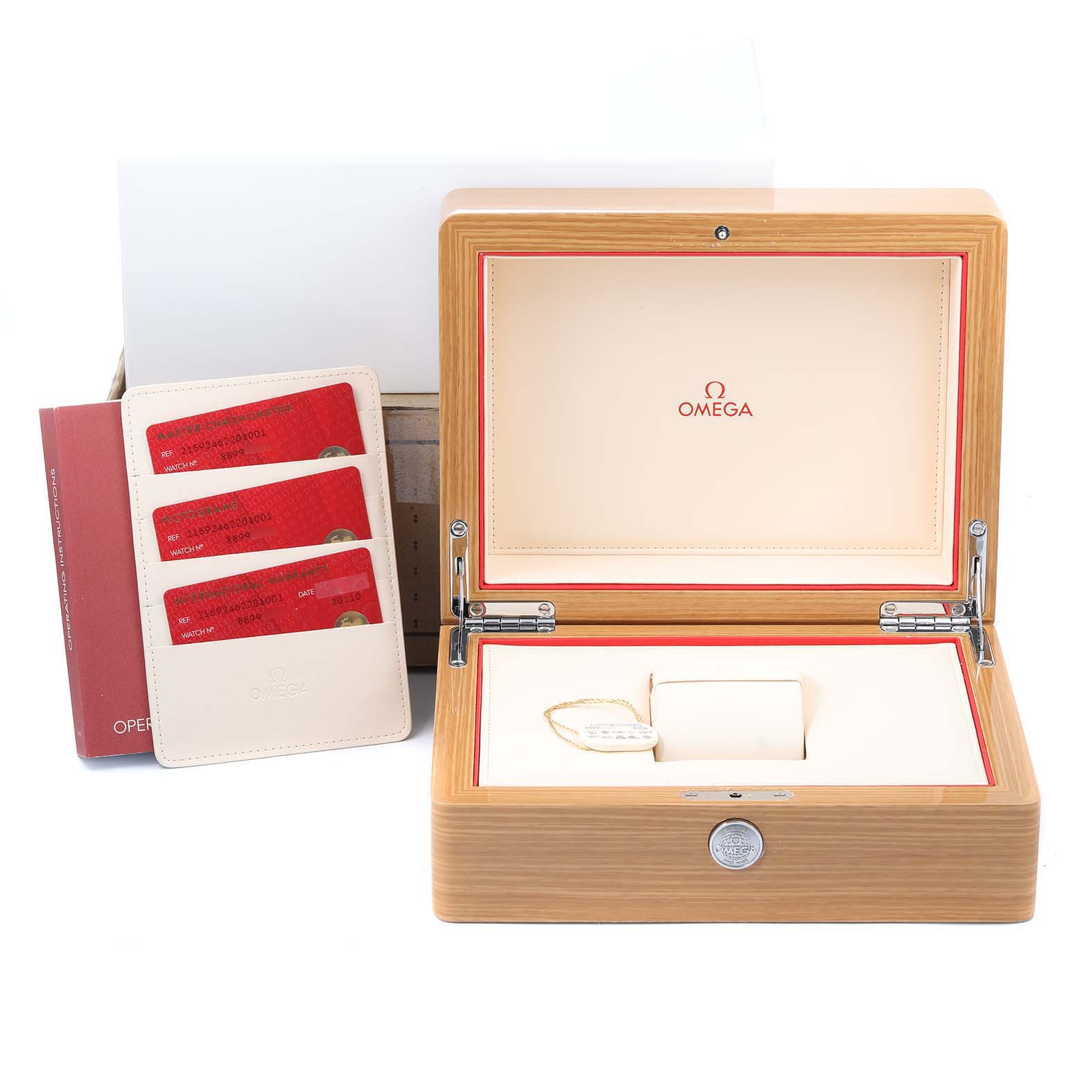 The image shows the Omega Planet Ocean 215.92.46.22.01.001 Men's Ceramic Black Dial 215.92.46.22.01.001 Men's Ceramic Black Dial watch box, warranty cards, and a manual from the front angle.