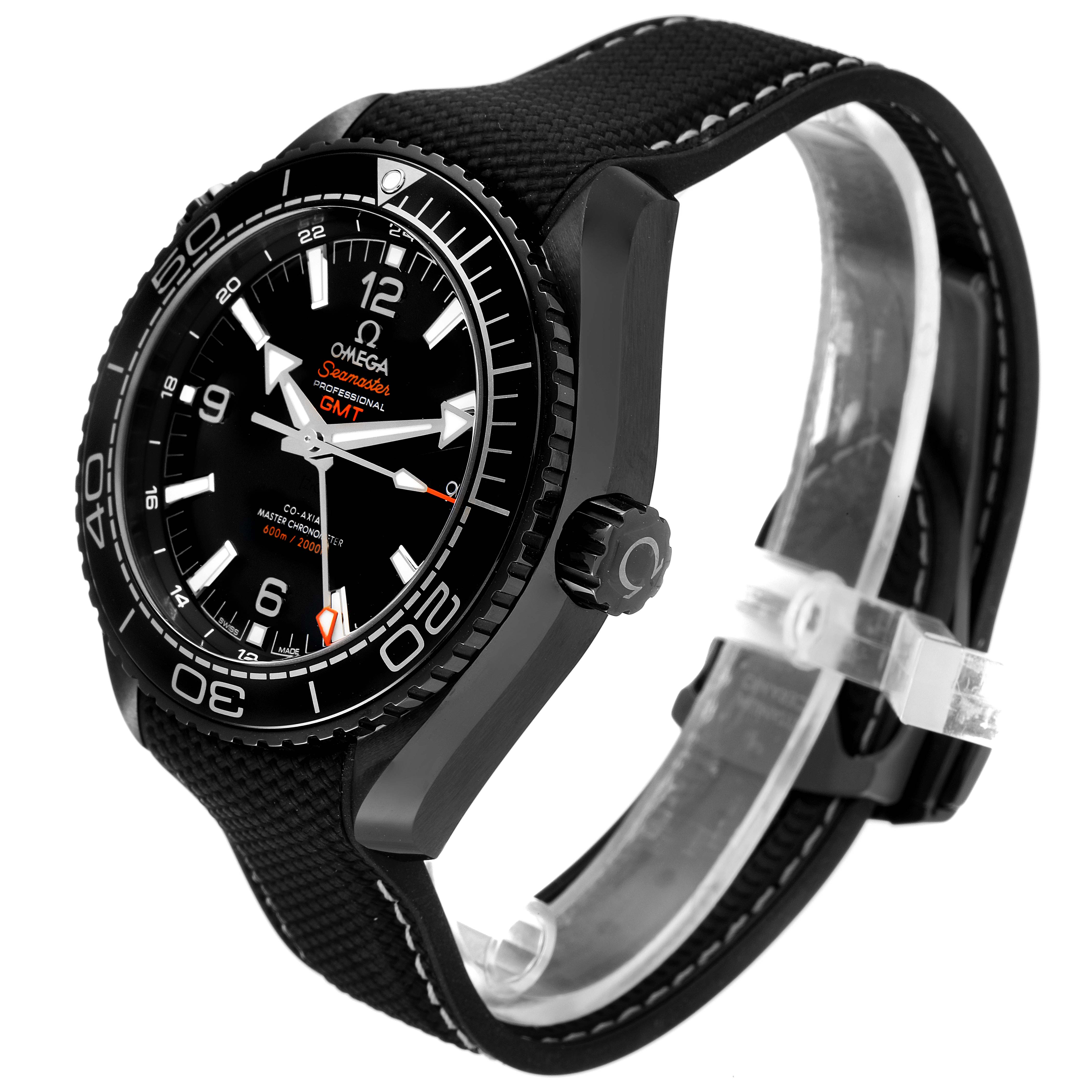 The image shows a side-angle view of an Omega Planet Ocean 215.92.46.22.01.001 Men's Ceramic Black Dial 215.92.46.22.01.001 Men's Ceramic Black Dial watch, highlighting its black bezel, crown, and strap.