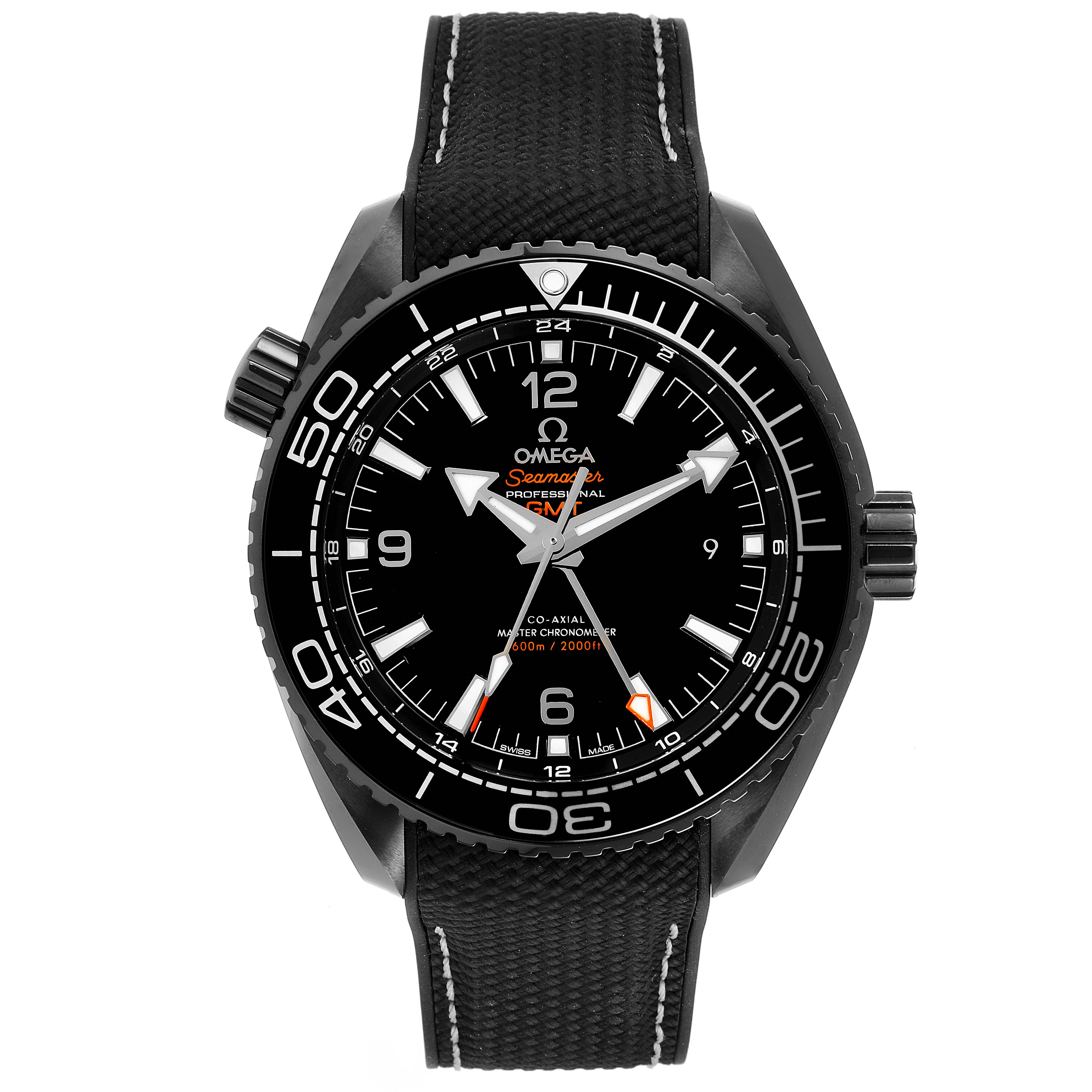 The image shows a front view of the Omega Planet Ocean 215.92.46.22.01.001 Men's Ceramic Black Dial 215.92.46.22.01.001 Men's Ceramic Black Dial watch, displaying its dial, bezel, and strap.