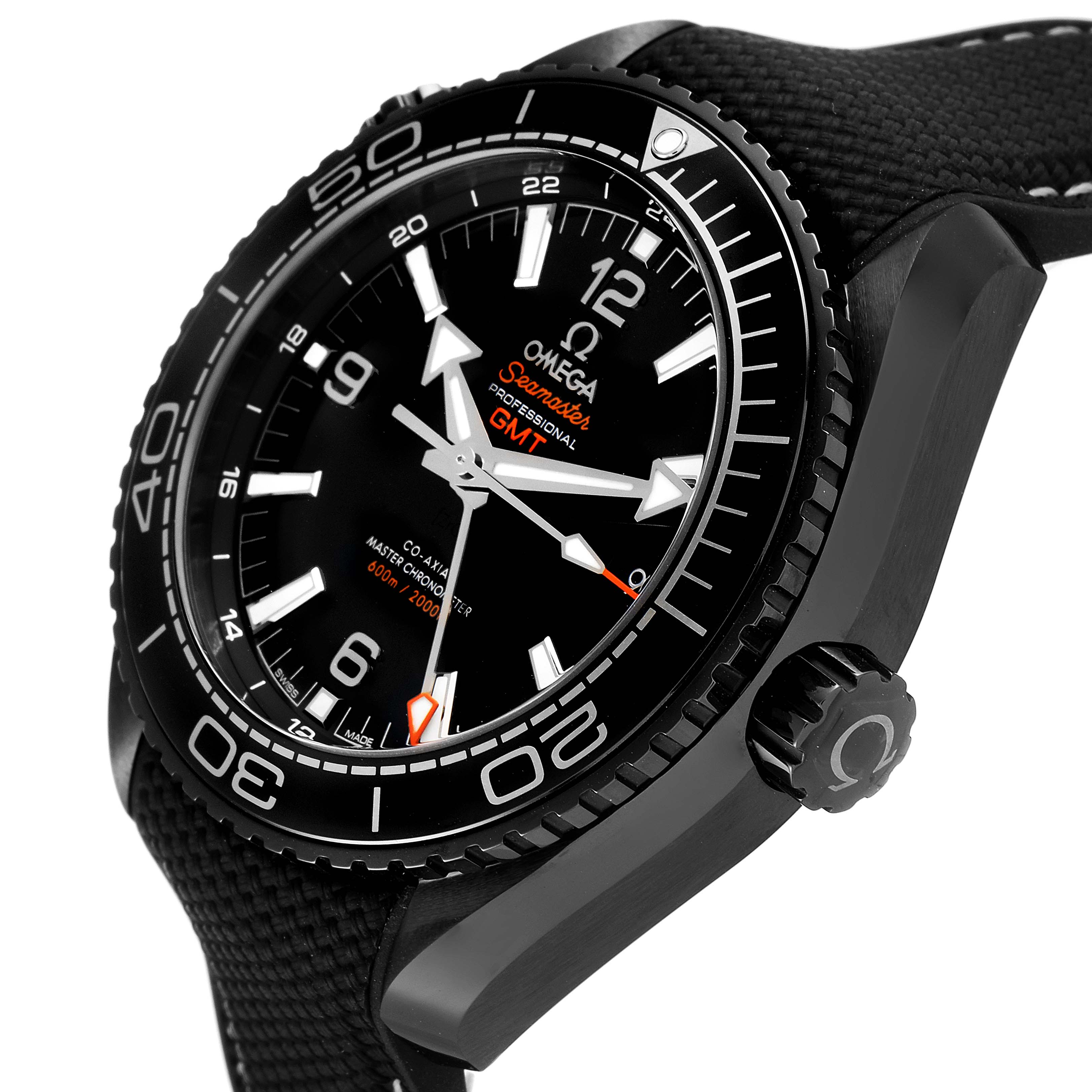 The image shows an angled view of the Omega Planet Ocean 215.92.46.22.01.001 Men's Ceramic Black Dial 215.92.46.22.01.001 Men's Ceramic Black Dial watch, highlighting its face, bezel, and crown.