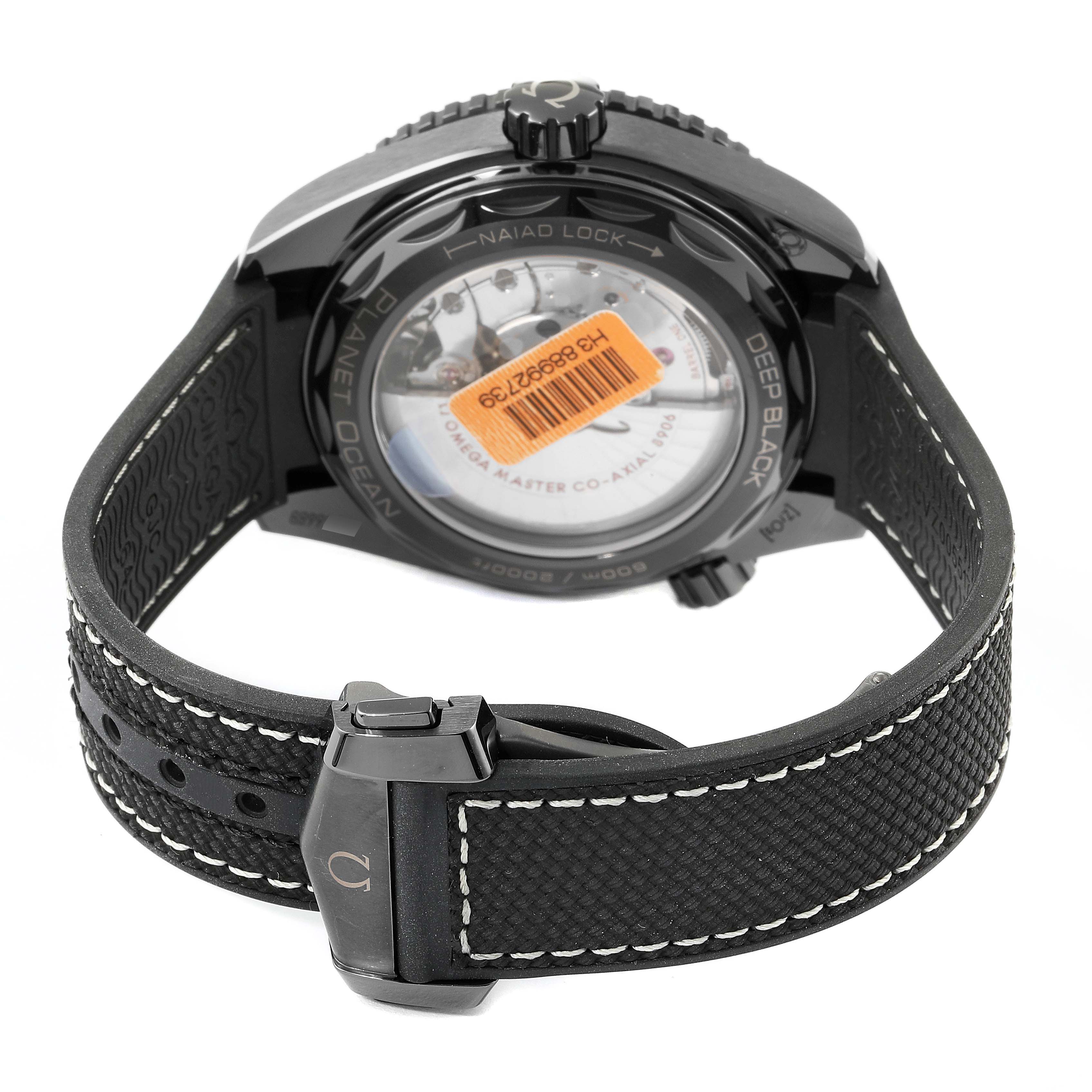 The image shows the backside and strap of an Omega Planet Ocean 215.92.46.22.01.001 Men's Ceramic Black Dial 215.92.46.22.01.001 Men's Ceramic Black Dial watch.