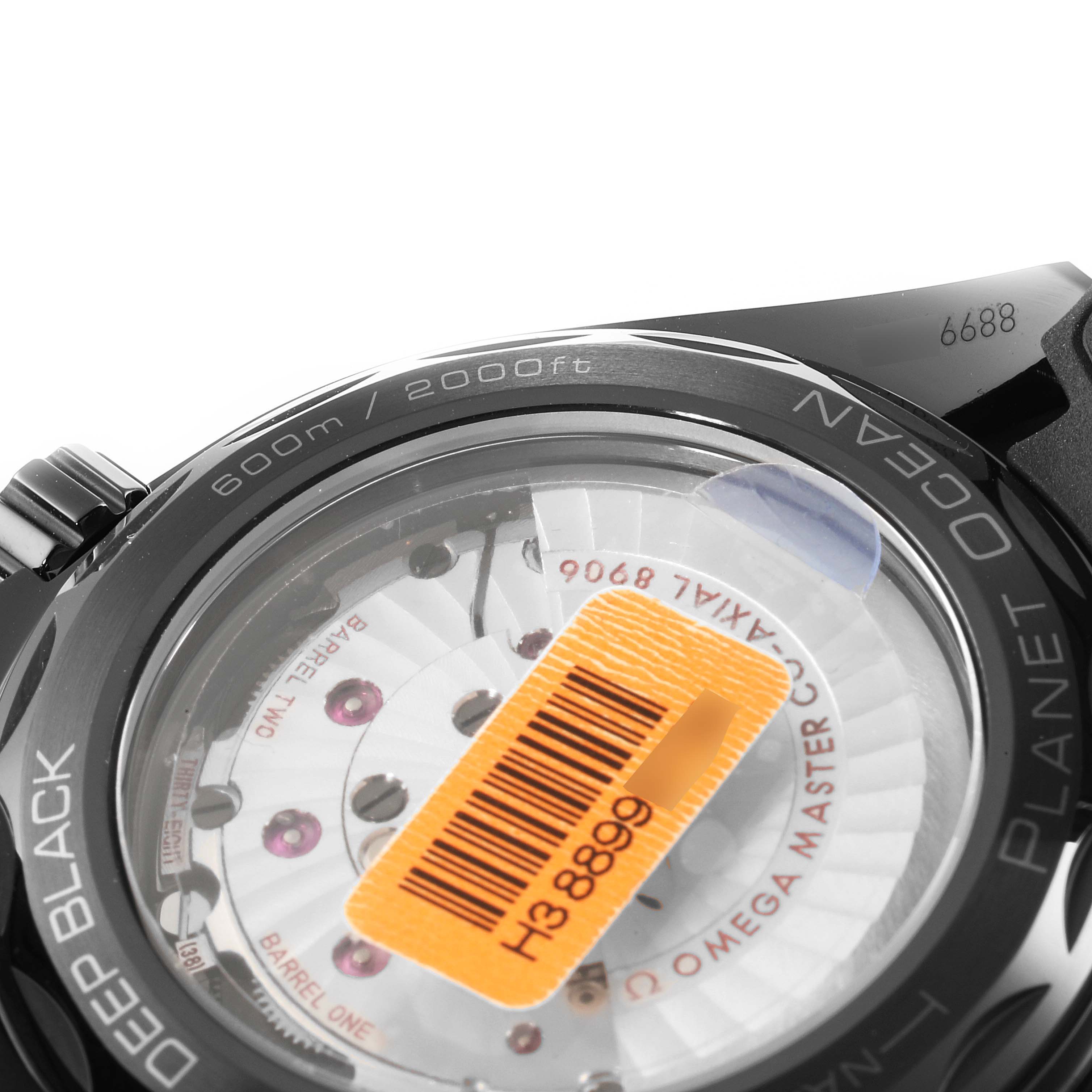 This image shows the back view of an Omega Planet Ocean 215.92.46.22.01.001 Men's Ceramic Black Dial 215.92.46.22.01.001 Men's Ceramic Black Dial watch, highlighting the transparent case back and inner mechanical movement.