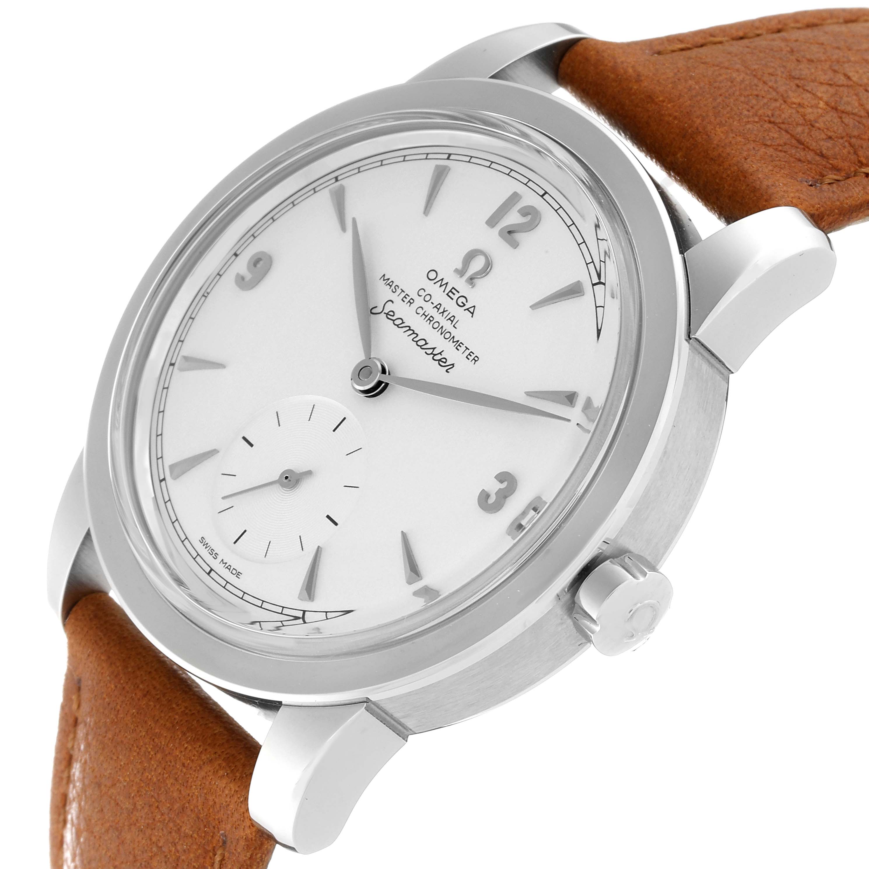 The Omega Seamaster 511.12.38.20.02.002 Men's White Gold Silver Dial 511.12.38.20.02.002 Men's White Gold Silver Dial watch is shown at an angled view, highlighting its face, crown, case, and brown leather strap.