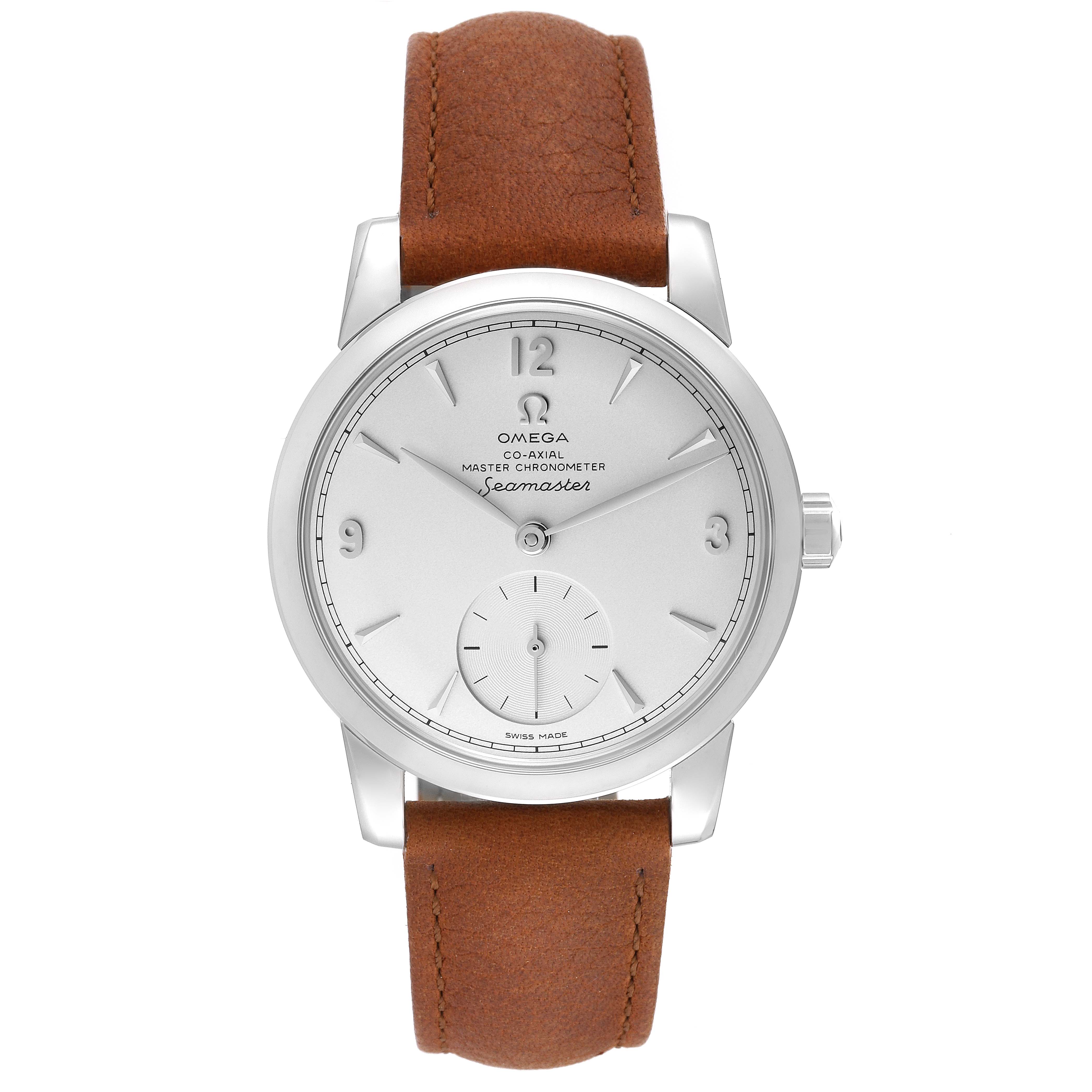 The image shows a front view of an Omega Seamaster 511.12.38.20.02.002 Men's White Gold Silver Dial 511.12.38.20.02.002 Men's White Gold Silver Dial watch, highlighting its dial, case, and brown leather strap.