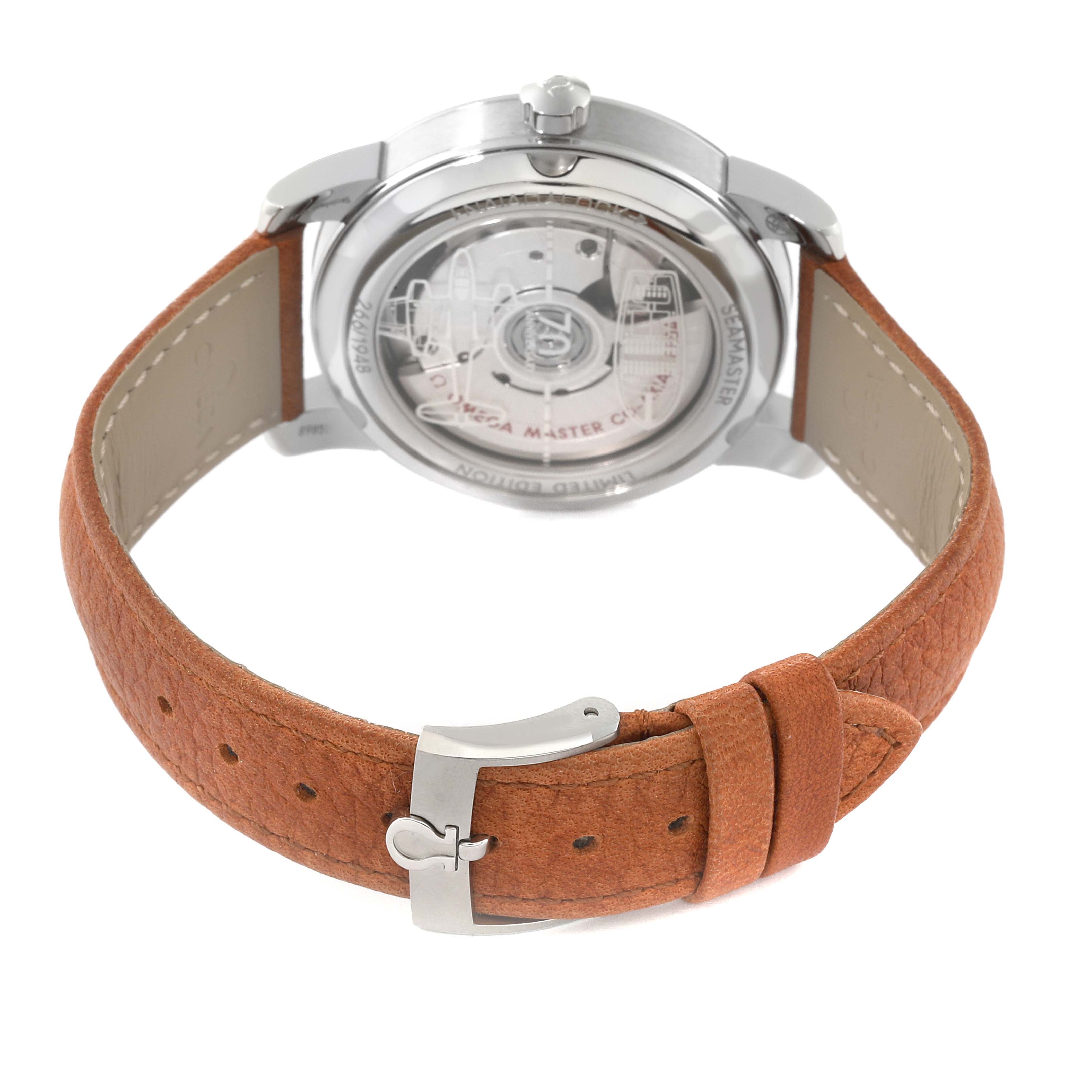 This image shows the back view of an Omega Seamaster 511.12.38.20.02.002 Men's White Gold Silver Dial 511.12.38.20.02.002 Men's White Gold Silver Dial watch, highlighting the transparent case back and the brown leather strap with a buckle.