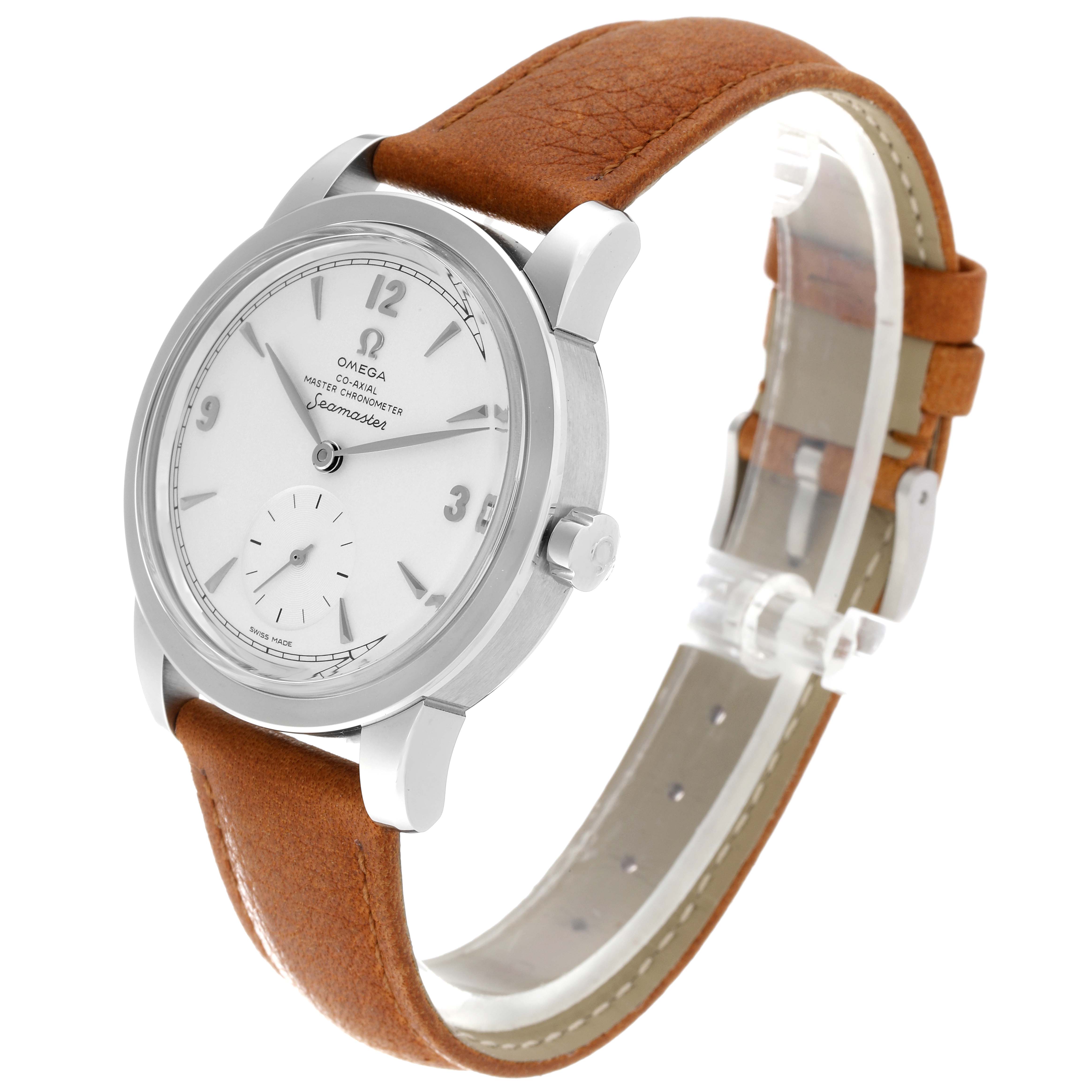 The Omega Seamaster 511.12.38.20.02.002 Men's White Gold Silver Dial 511.12.38.20.02.002 Men's White Gold Silver Dial watch is shown at an oblique angle, displaying the face, crown, case, and brown leather strap.