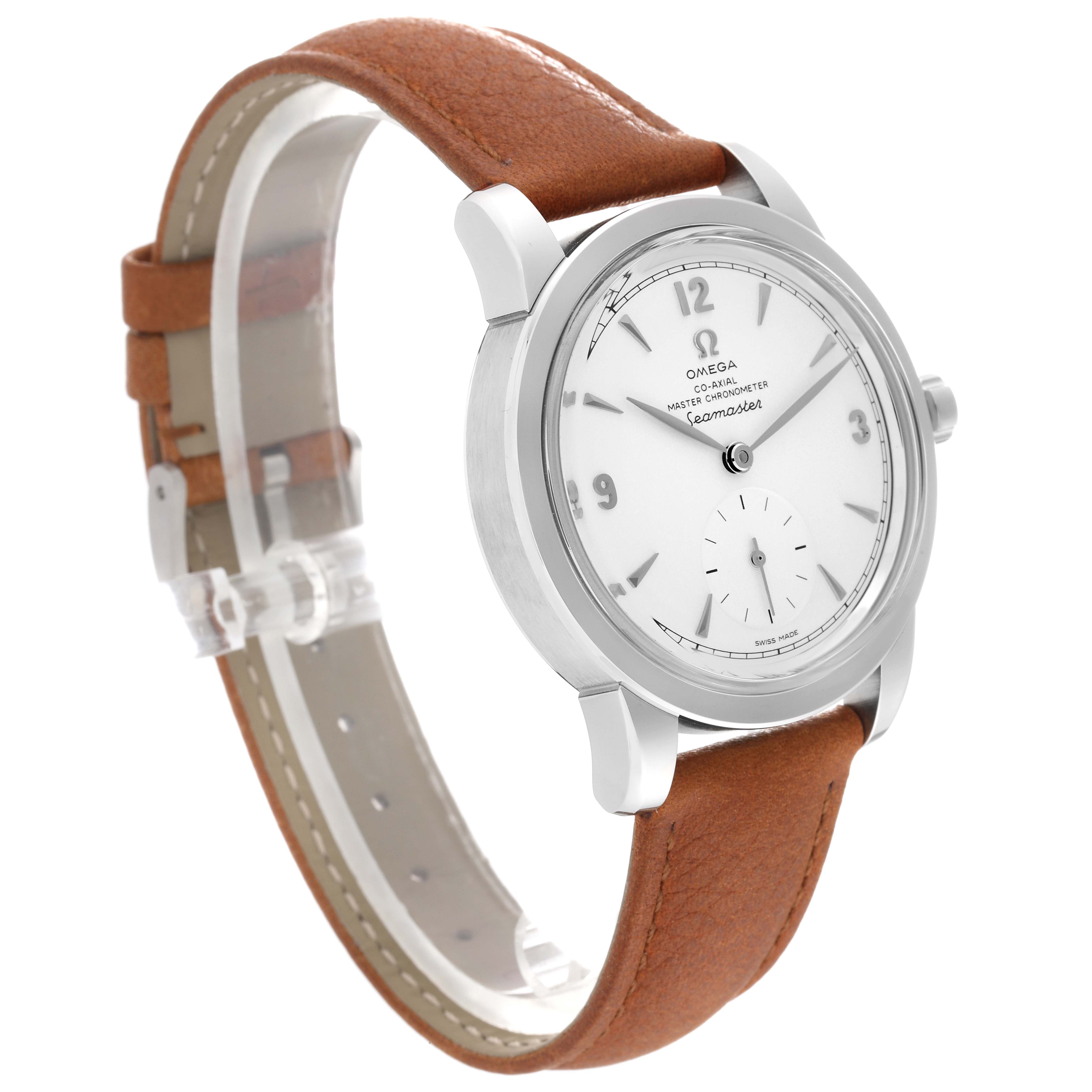 The Omega Seamaster 511.12.38.20.02.002 Men's White Gold Silver Dial 511.12.38.20.02.002 Men's White Gold Silver Dial watch is shown at an angle, highlighting its face, dial, and brown leather strap.