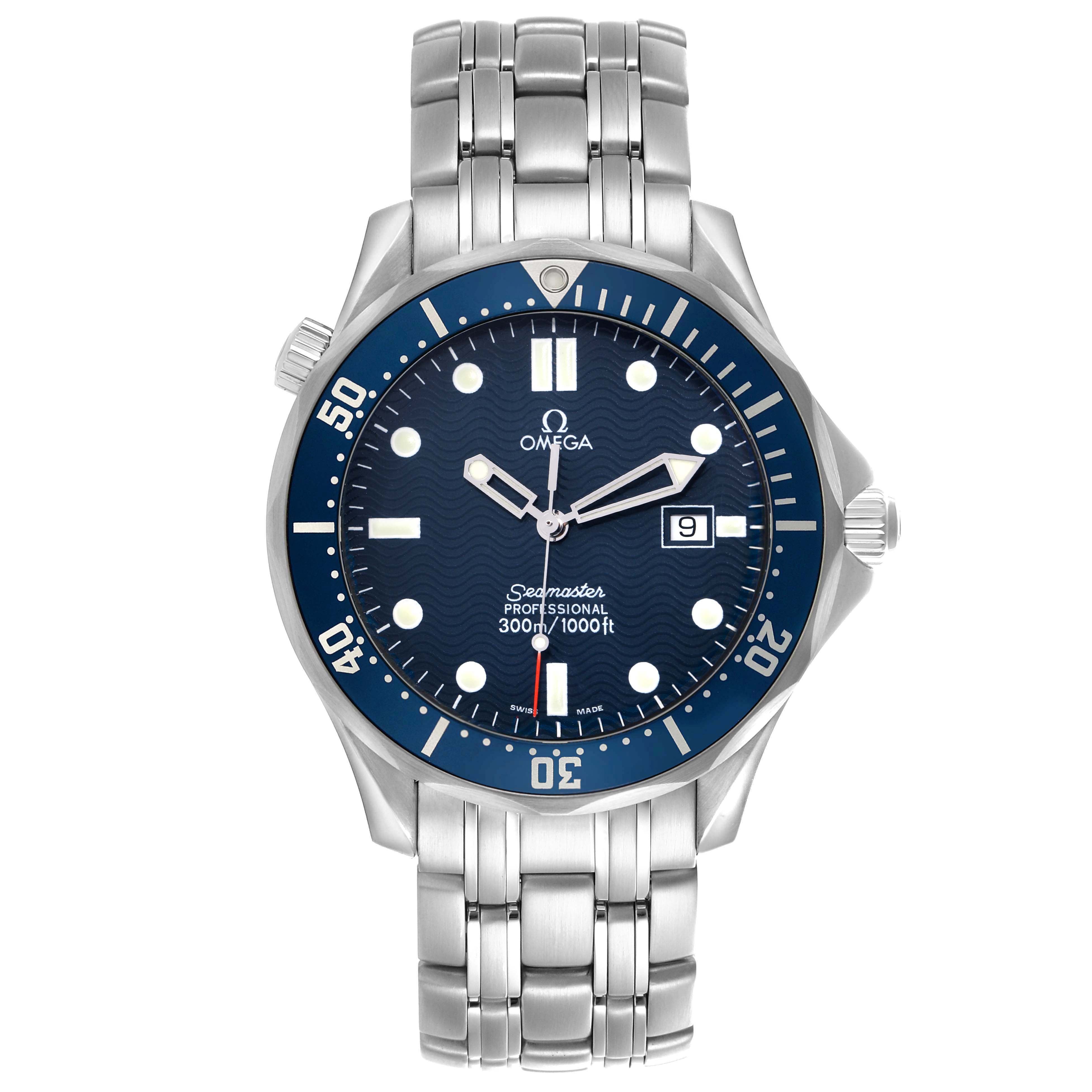 The image shows a front view of the Omega Seamaster 2541.80.00 Men
s Stainless Steel Blue Dial 2541.80.00 Men
s Stainless Steel Blue Dial watch, highlighting the dial, bezel, bracelet, and crown.
