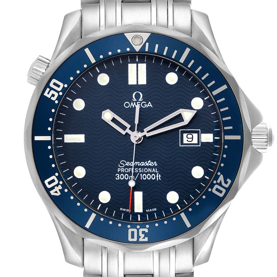 The Omega Seamaster model is shown from a top-down angle, displaying the dial, bezel, and part of the bracelet.