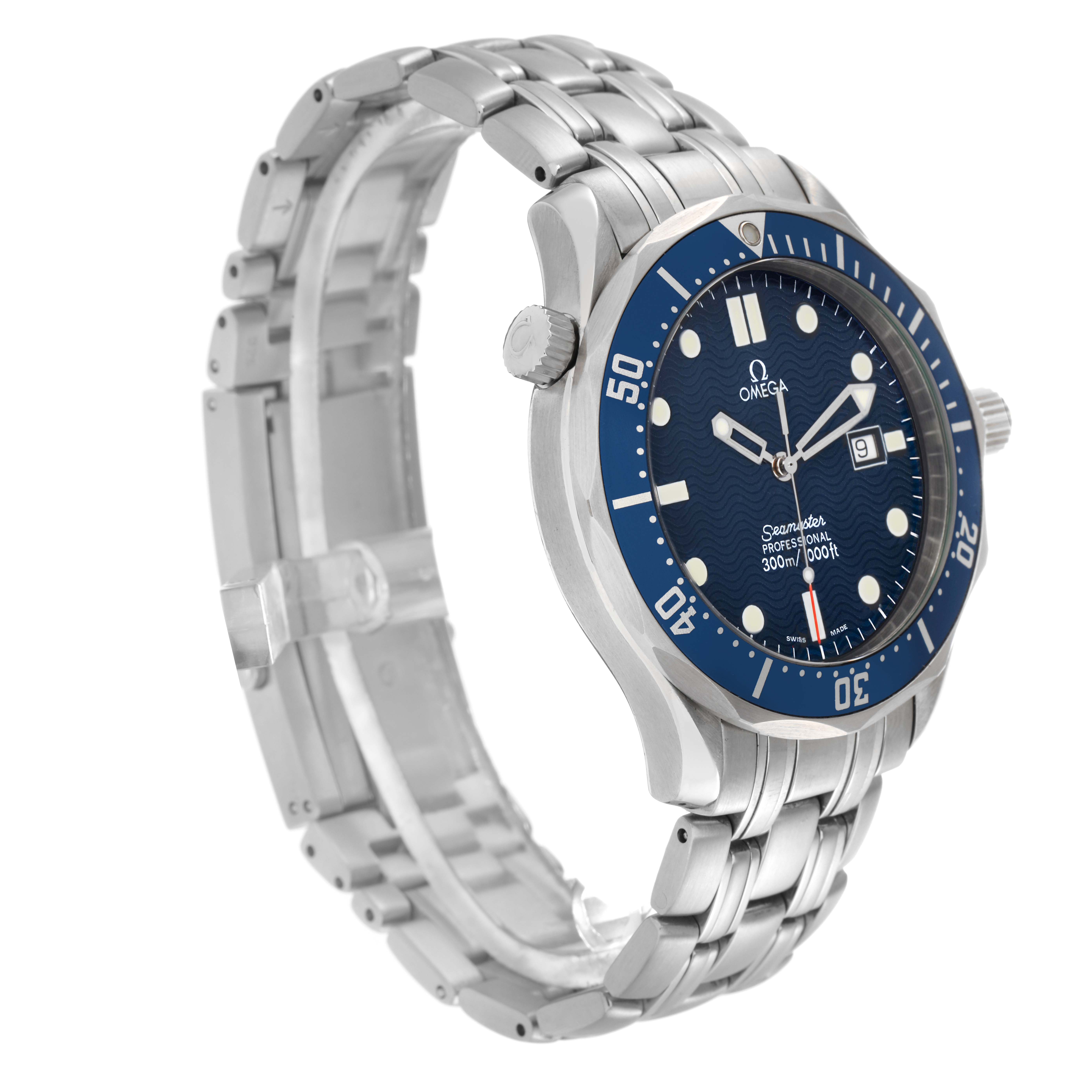 The Omega Seamaster 2541.80.00 Men
s Stainless Steel Blue Dial 2541.80.00 Men
s Stainless Steel Blue Dial watch is shown at a three-quarter angle, highlighting the bracelet, crown, and blue dial with a date window.