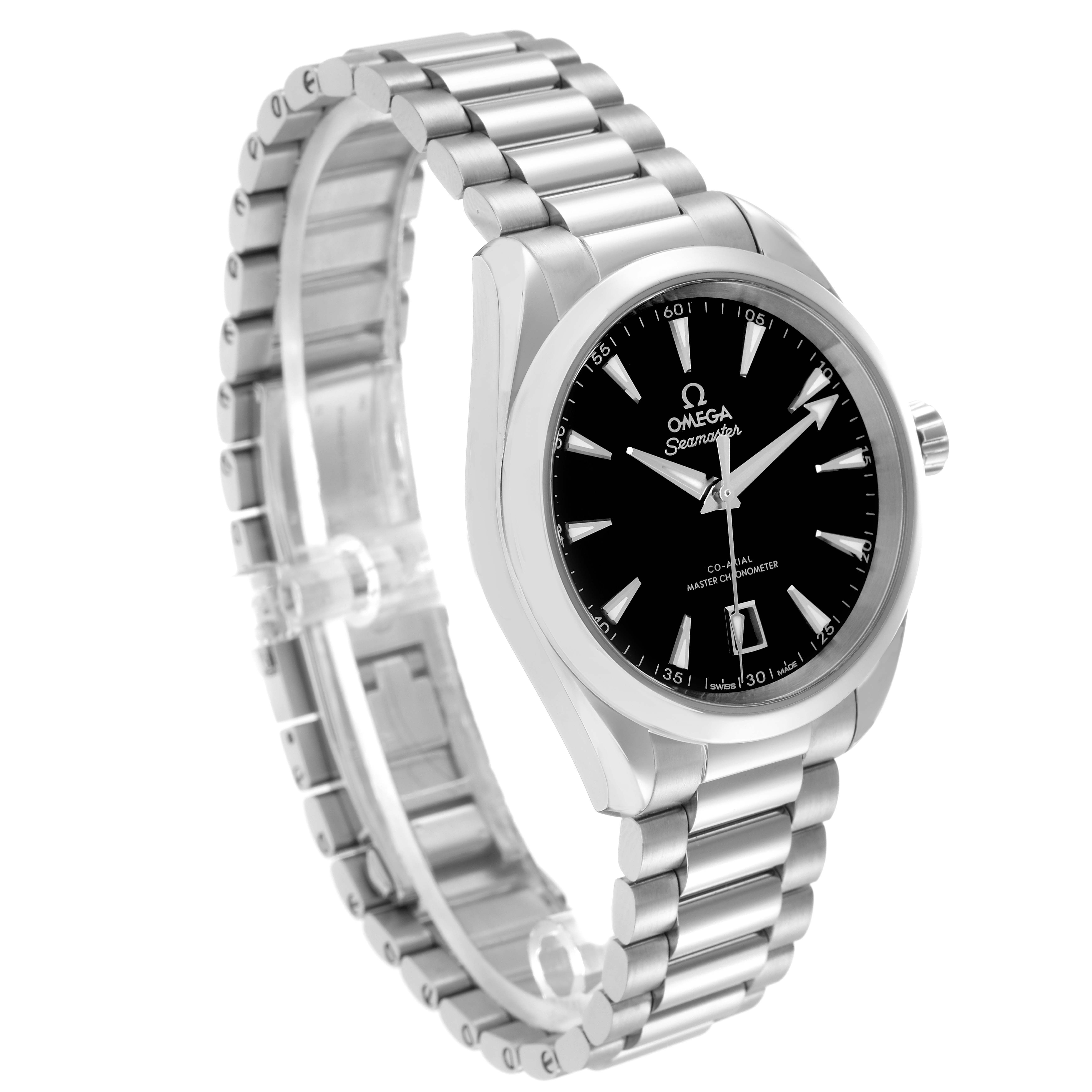 The Omega Aqua Terra 220.10.38.20.01.004 Men
s Stainless Steel Black Dial 220.10.38.20.01.004 Men
s Stainless Steel Black Dial watch is shown at a three-quarter angle featuring the dial, case, and metal bracelet.