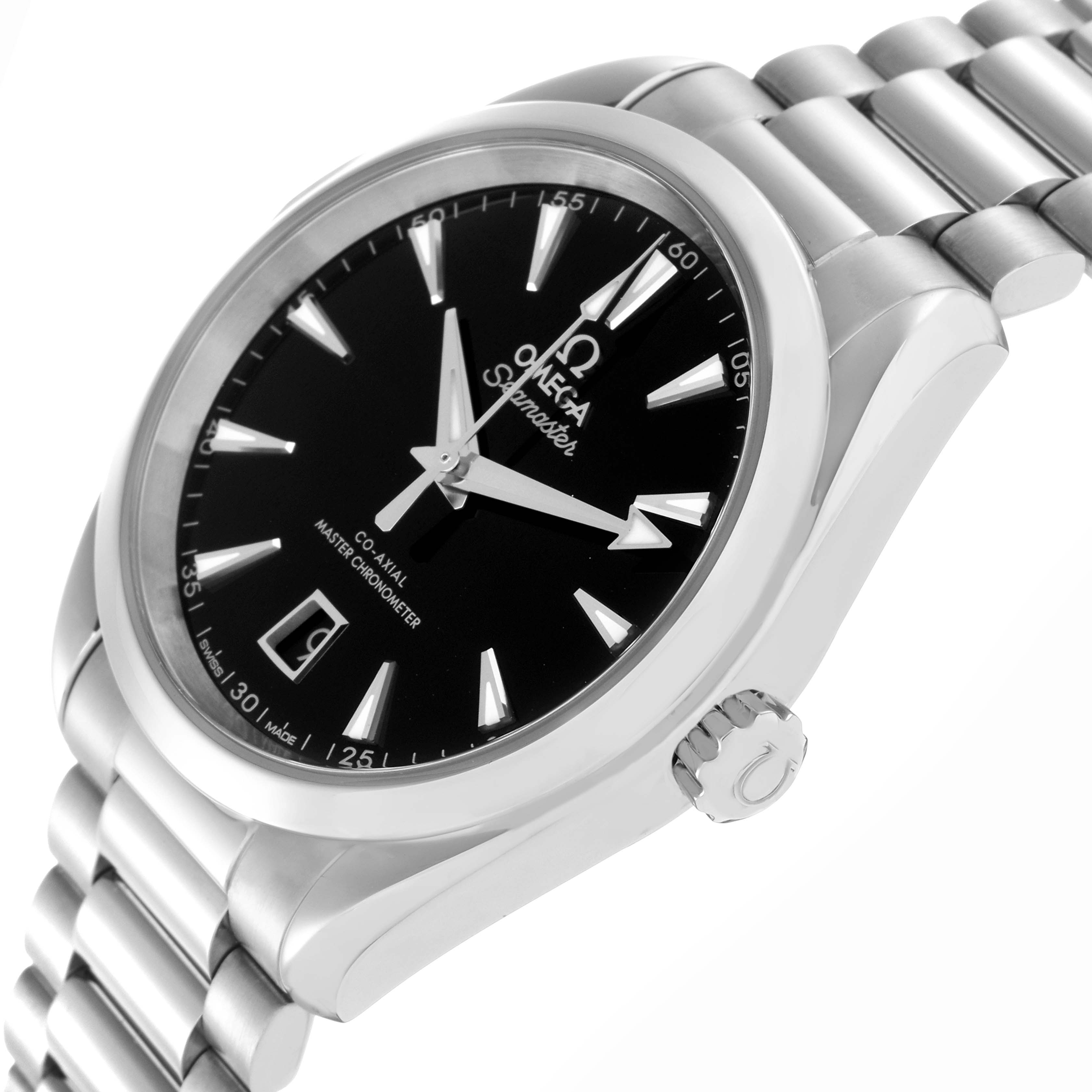 The Omega Aqua Terra 220.10.38.20.01.004 Men
s Stainless Steel Black Dial 220.10.38.20.01.004 Men
s Stainless Steel Black Dial watch is shown at an angled side view, highlighting the black dial, crown, and stainless steel bracelet.