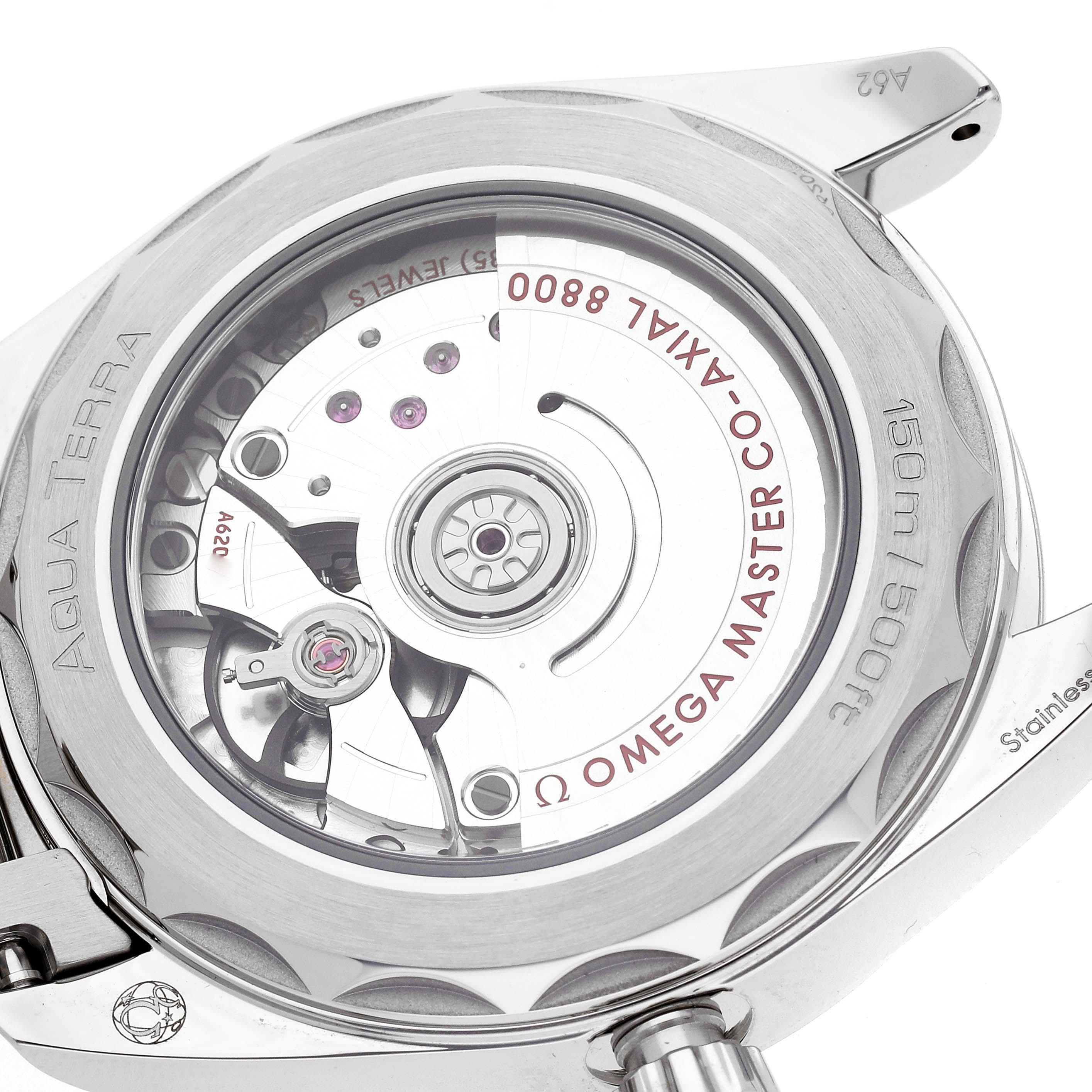 The image shows the case back of the Omega Aqua Terra 220.10.38.20.01.004 Men
s Stainless Steel Black Dial 220.10.38.20.01.004 Men
s Stainless Steel Black Dial, highlighting the movement and "Co-Axial Master" text.