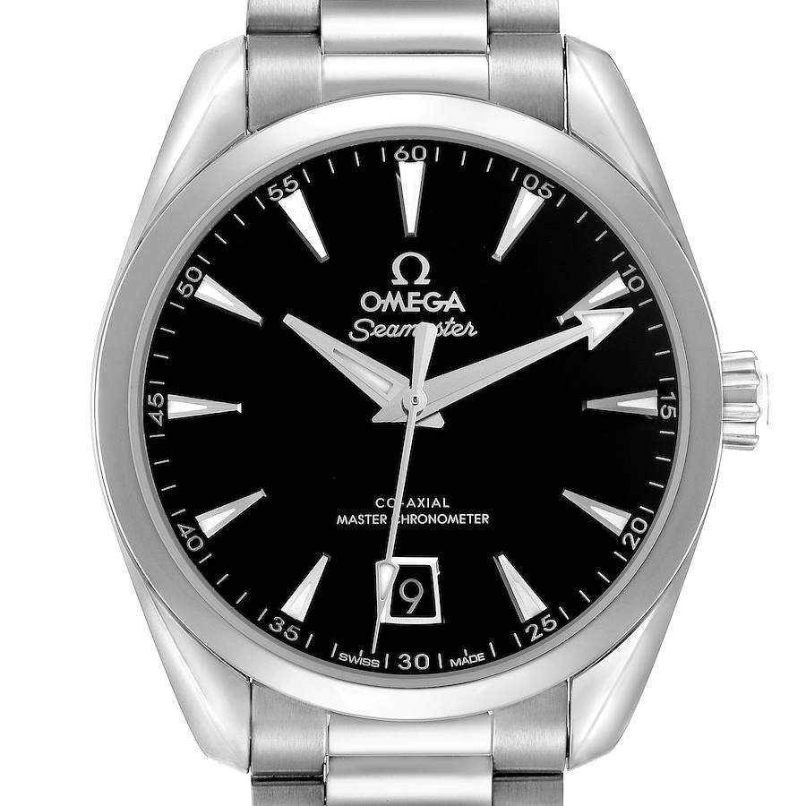 The Omega Aqua Terra watch is shown from a front angle, displaying the face, bezel, crown, and bracelet.