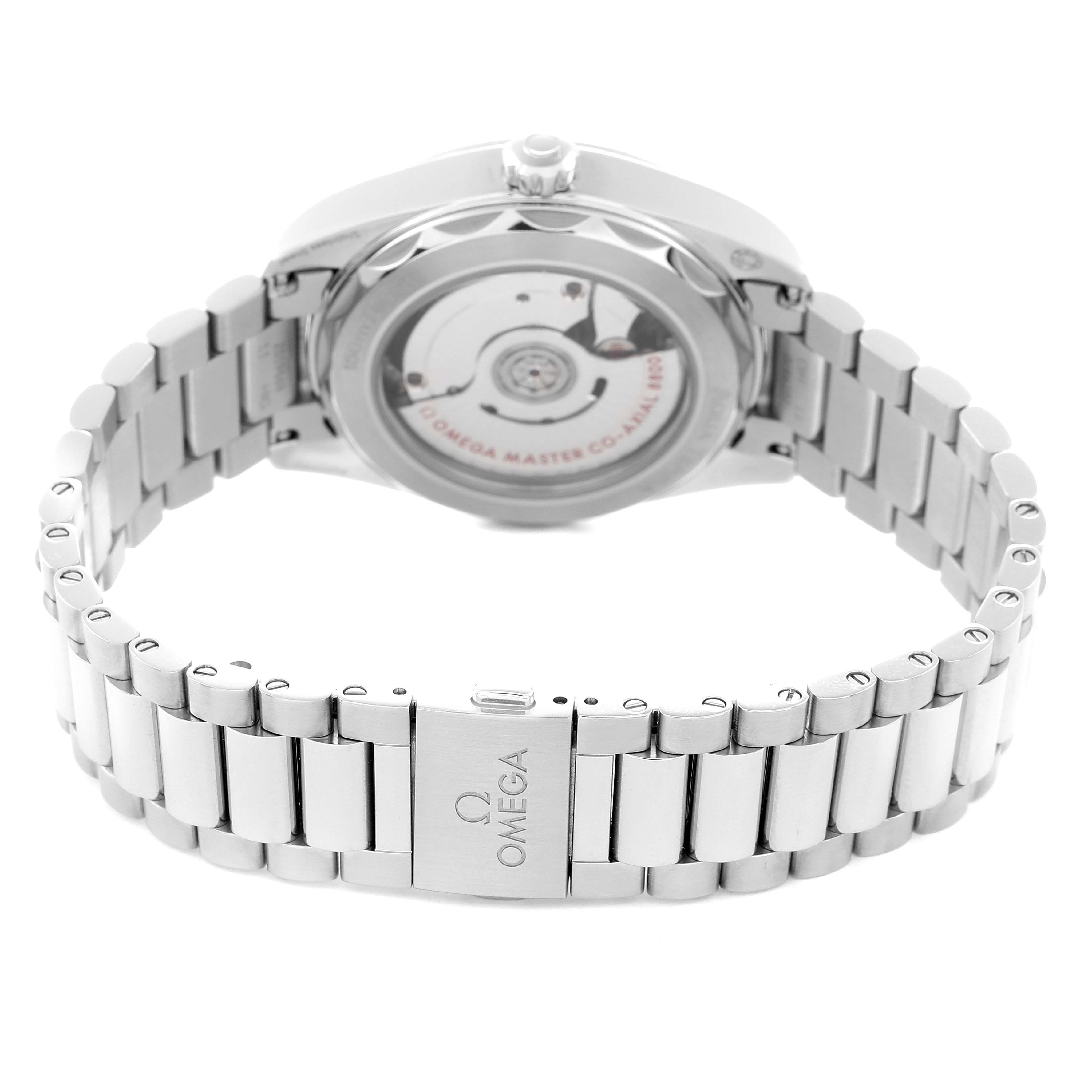 The image shows the back of the Omega Aqua Terra 220.10.38.20.01.004 Men
s Stainless Steel Black Dial 220.10.38.20.01.004 Men
s Stainless Steel Black Dial watch, highlighting the open case back and metal bracelet clasp.