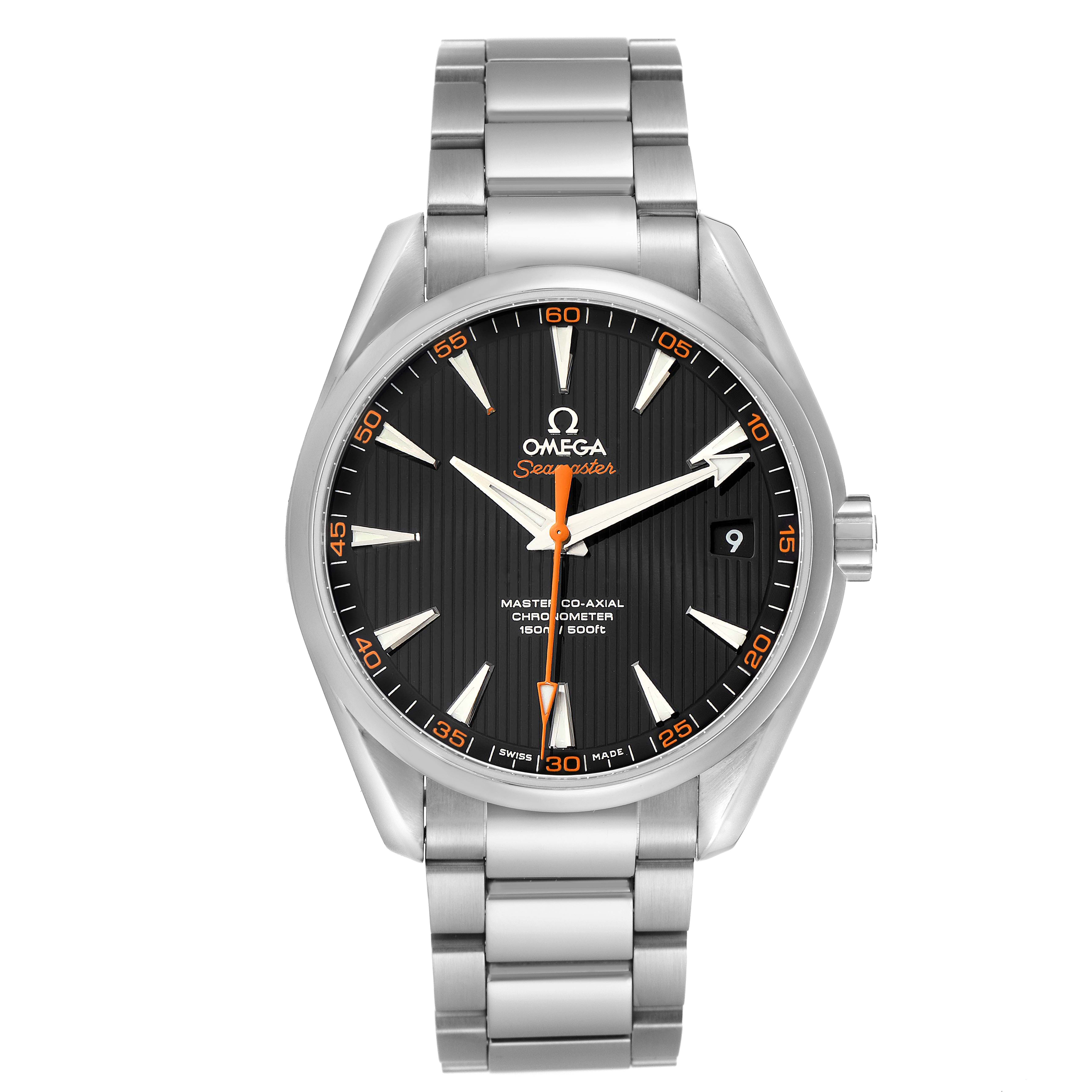 The image shows a front view of the Omega Aqua Terra 231.10.42.21.01.002 Men's Stainless Steel Black Dial 231.10.42.21.01.002 Men's Stainless Steel Black Dial watch, displaying the face, bezel, and stainless steel bracelet.