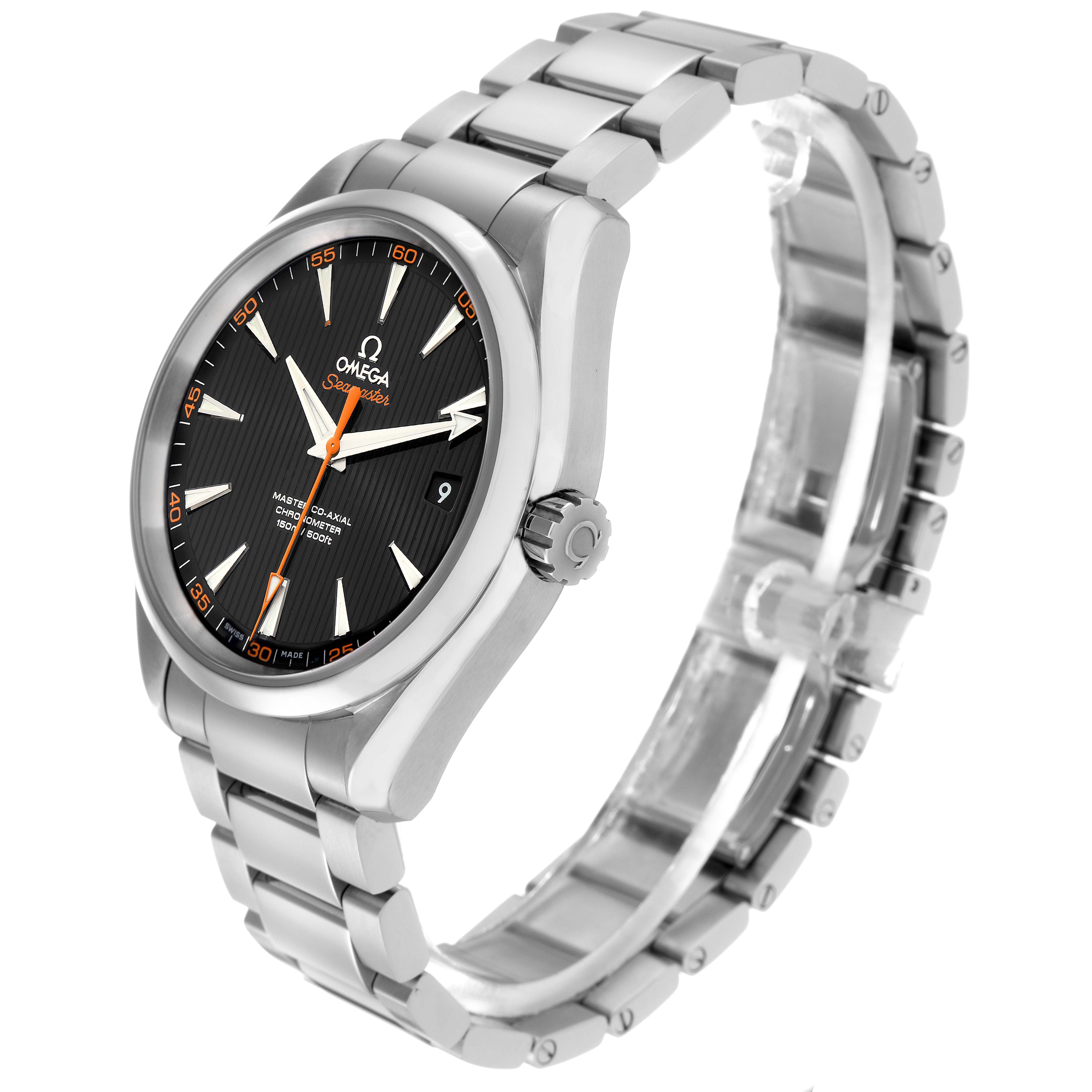 The Omega Aqua Terra 231.10.42.21.01.002 Men's Stainless Steel Black Dial 231.10.42.21.01.002 Men's Stainless Steel Black Dial watch is shown at a three-quarter angle, displaying the face, bezel, crown, and bracelet.