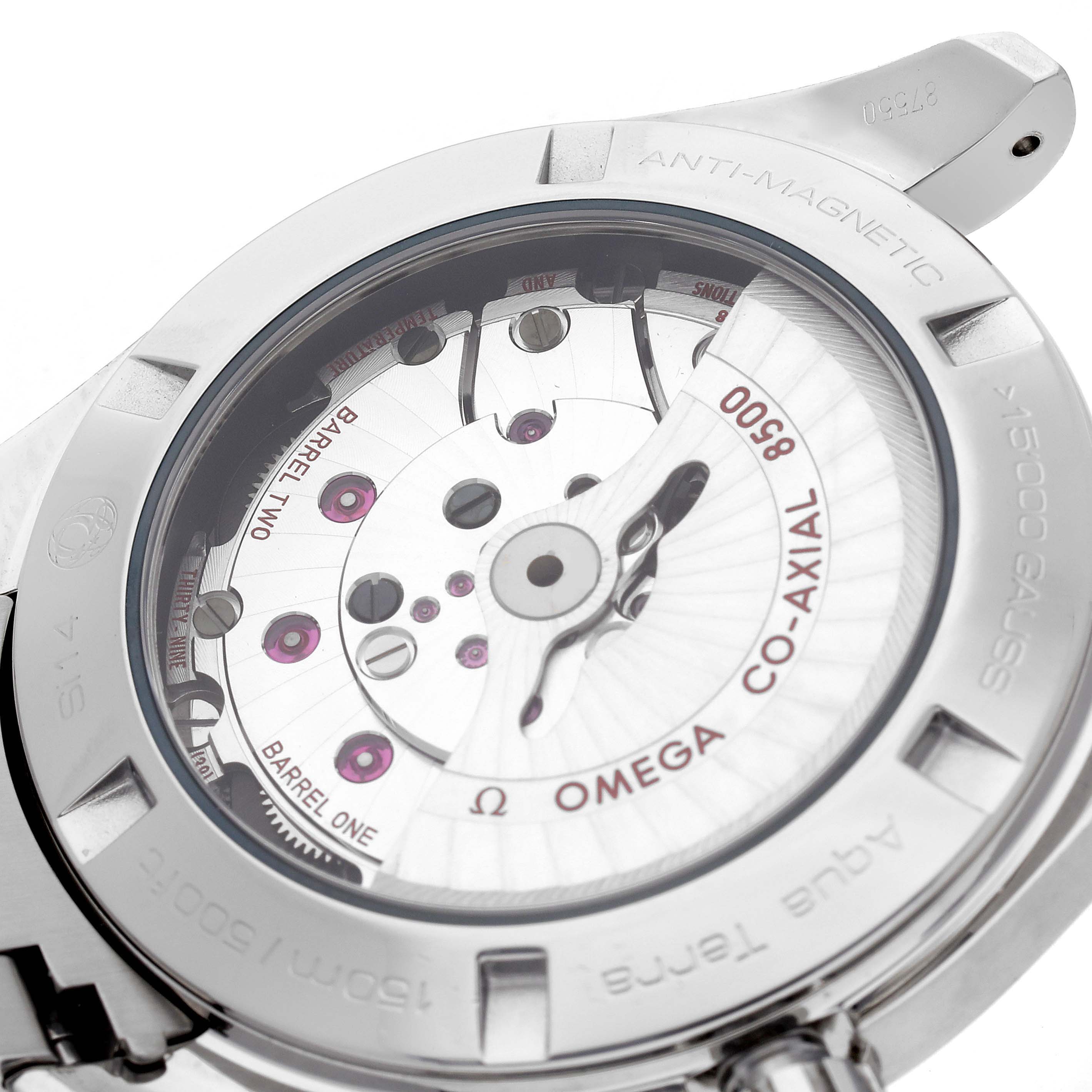 The image shows a close-up of the Omega Aqua Terra 231.10.42.21.01.002 Men's Stainless Steel Black Dial 231.10.42.21.01.002 Men's Stainless Steel Black Dial's case back, displaying its Co-Axial movement details.