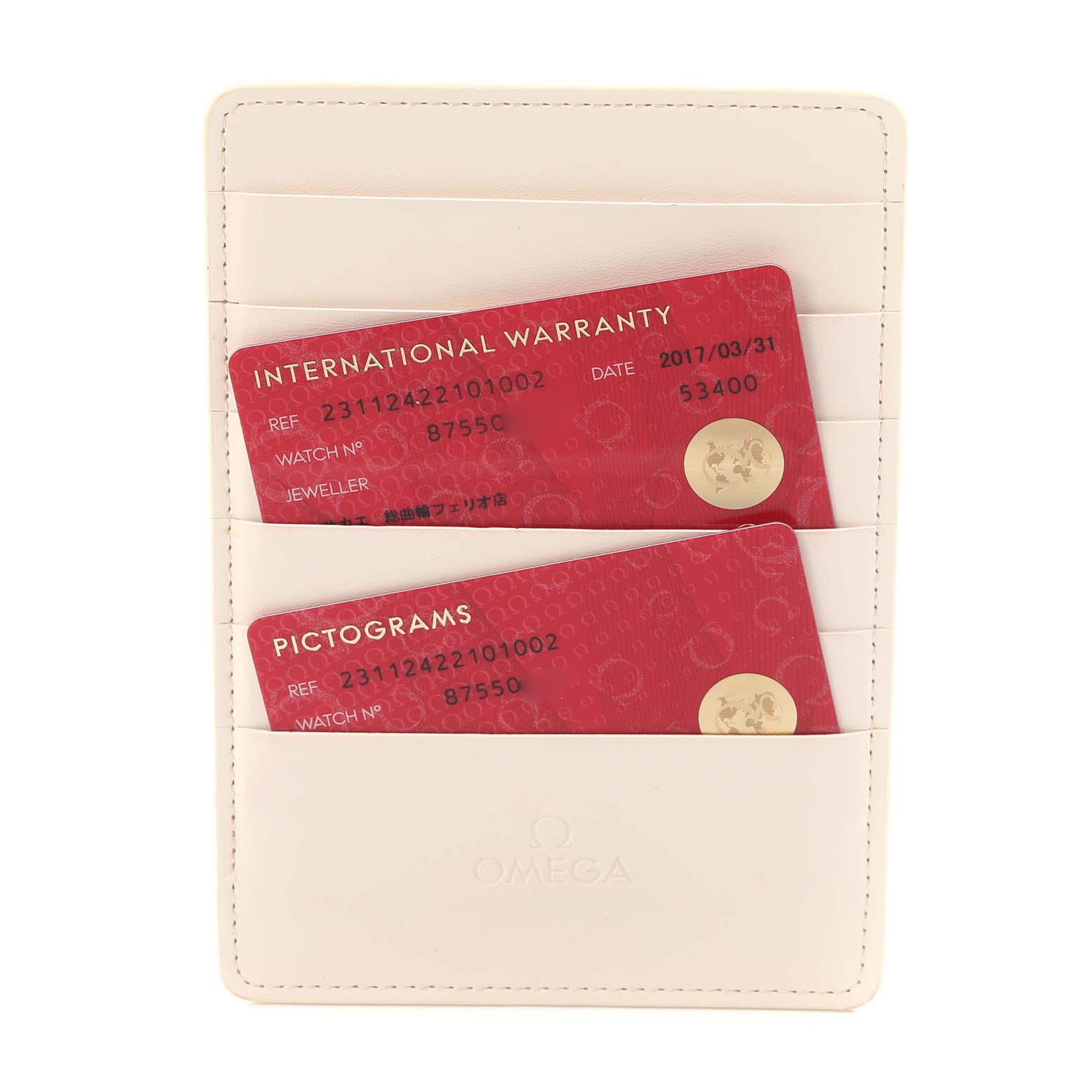 The image shows Omega Aqua Terra 231.10.42.21.01.002 Men's Stainless Steel Black Dial 231.10.42.21.01.002 Men's Stainless Steel Black Dial watch accessories, including warranty and pictogram cards in a holder.