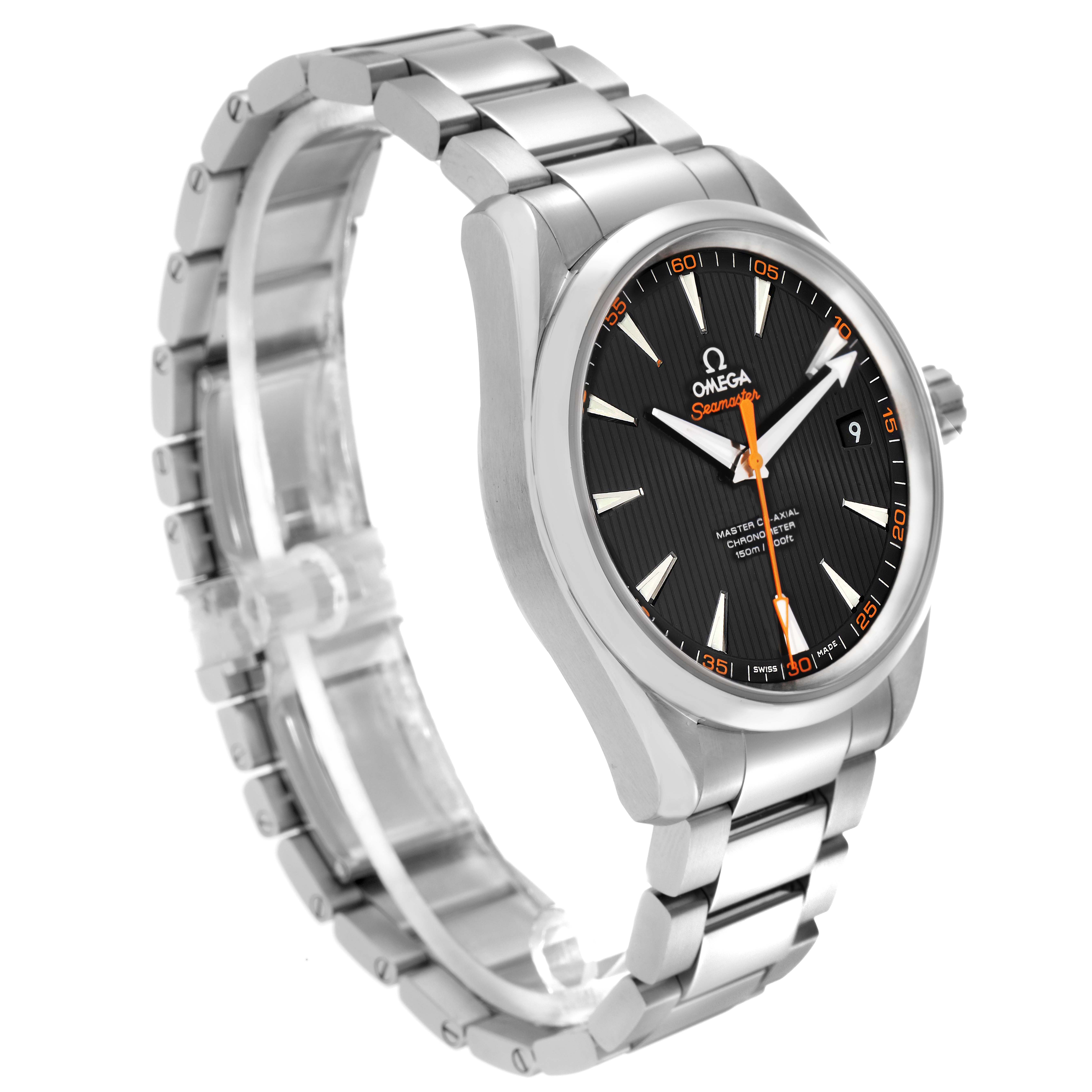 The Omega Aqua Terra 231.10.42.21.01.002 Men's Stainless Steel Black Dial 231.10.42.21.01.002 Men's Stainless Steel Black Dial watch is shown from a three-quarter angle, highlighting the dial and metal bracelet.