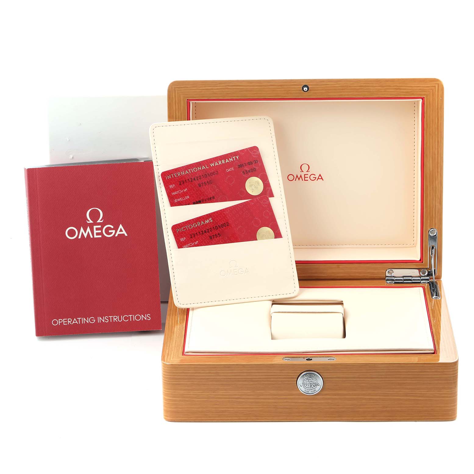 The image shows the Omega Aqua Terra 231.10.42.21.01.002 Men's Stainless Steel Black Dial 231.10.42.21.01.002 Men's Stainless Steel Black Dial's box, operating instructions, and warranty cards from a frontal angle.