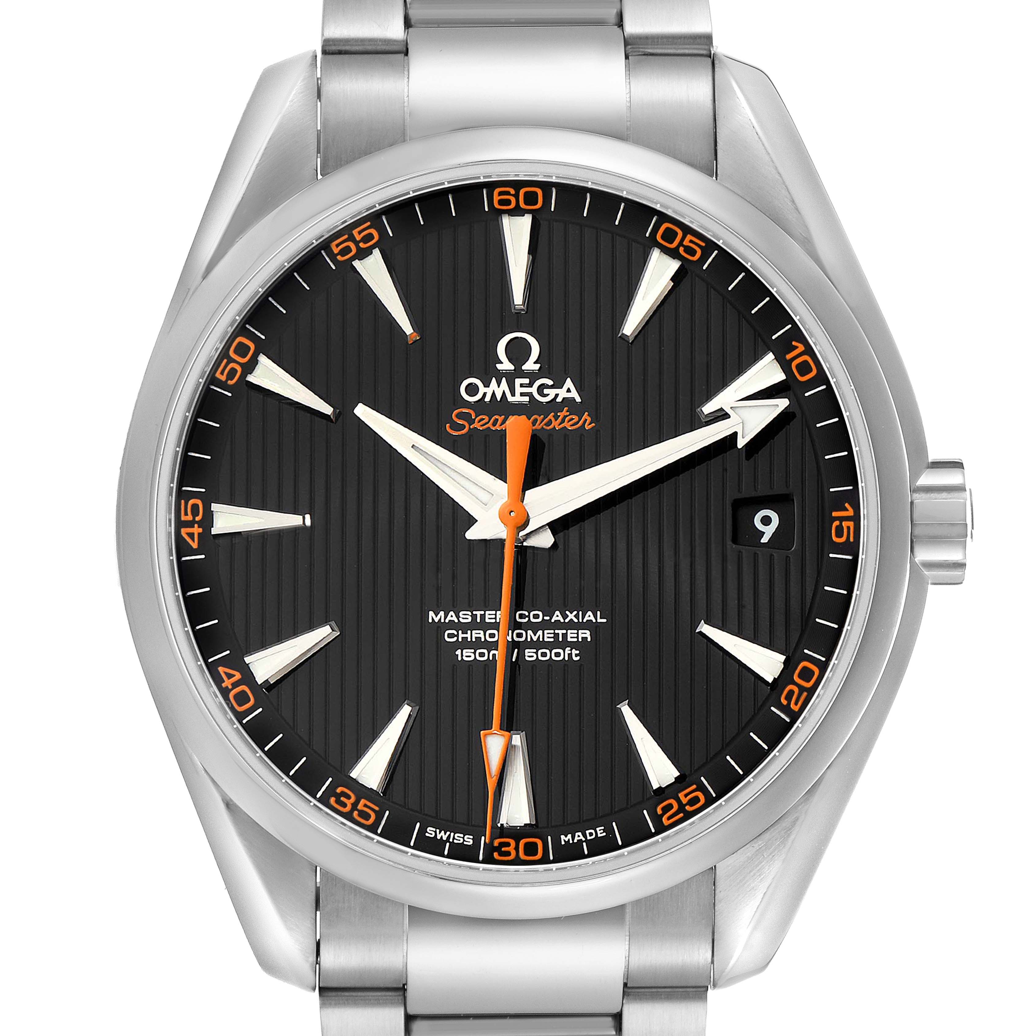 The Omega Aqua Terra 231.10.42.21.01.002 Men's Stainless Steel Black Dial 231.10.42.21.01.002 Men's Stainless Steel Black Dial watch is shown from the front, displaying its face, hands, and part of the bracelet.