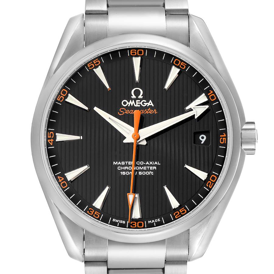 The Omega Aqua Terra watch is shown from the front, displaying its face, hands, and part of the bracelet.