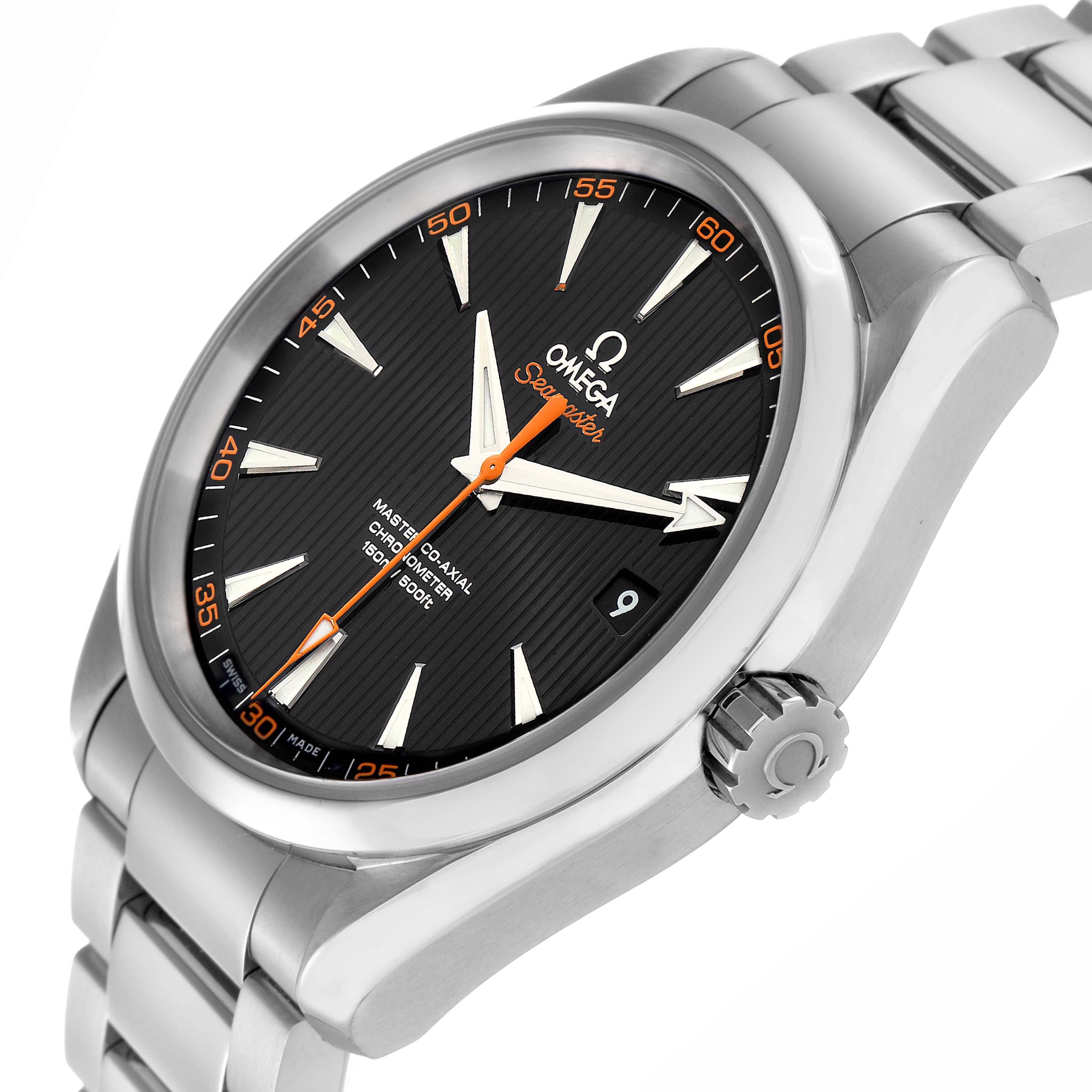 The Omega Aqua Terra 231.10.42.21.01.002 Men's Stainless Steel Black Dial 231.10.42.21.01.002 Men's Stainless Steel Black Dial watch is shown at a slight side angle, highlighting its black dial, orange accents, and metal bracelet.