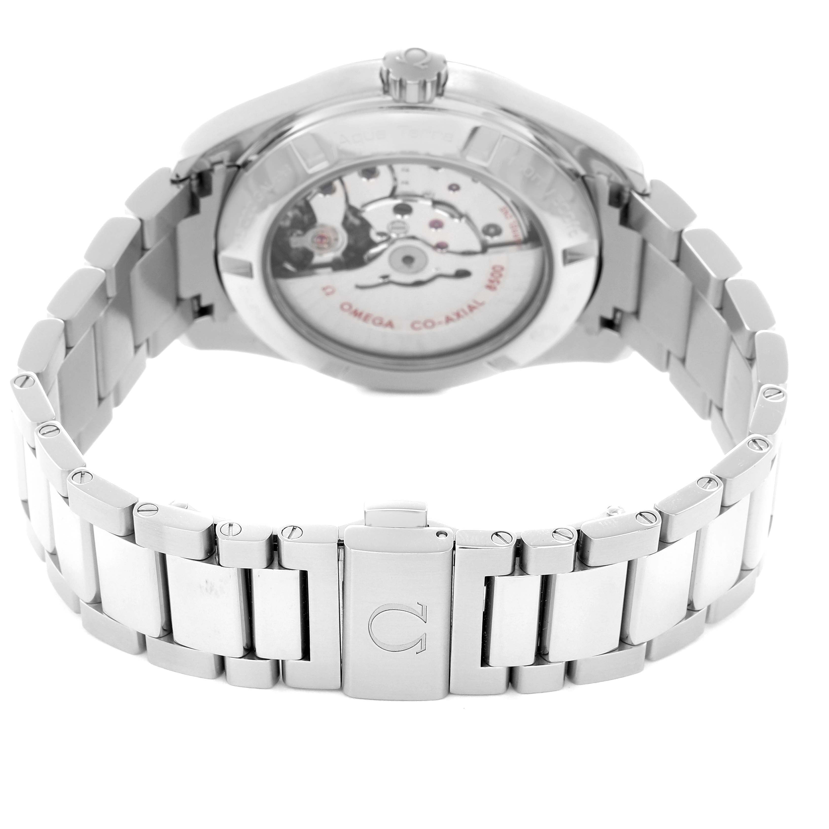 The Omega Aqua Terra 231.10.42.21.01.002 Men's Stainless Steel Black Dial 231.10.42.21.01.002 Men's Stainless Steel Black Dial watch is shown from the back, highlighting the case back and metal bracelet.