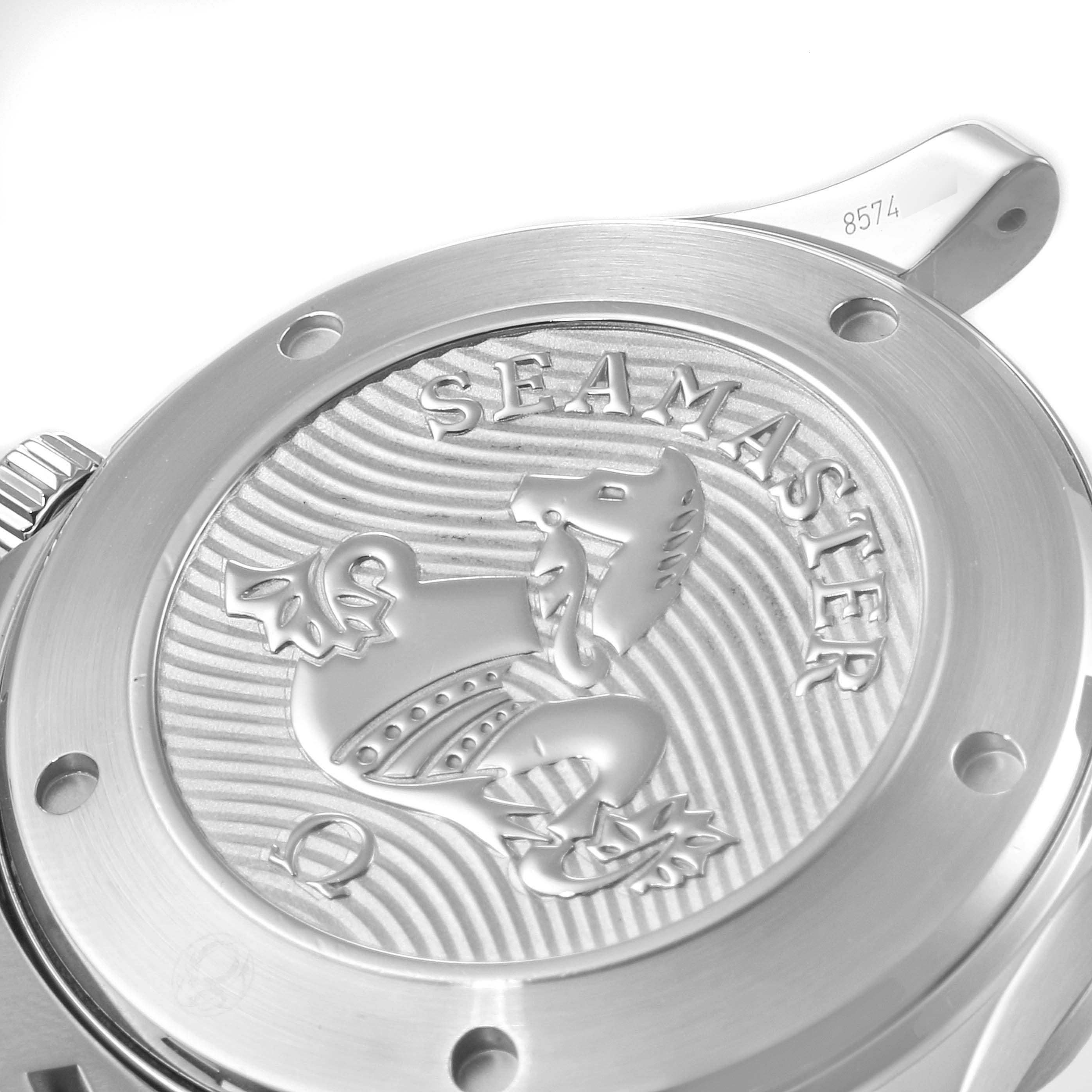 This image shows the engraved case back of the Omega Seamaster 212.30.41.20.01.003 Men
s Stainless Steel Black Dial 212.30.41.20.01.003 Men
s Stainless Steel Black Dial model watch, highlighting its logo.