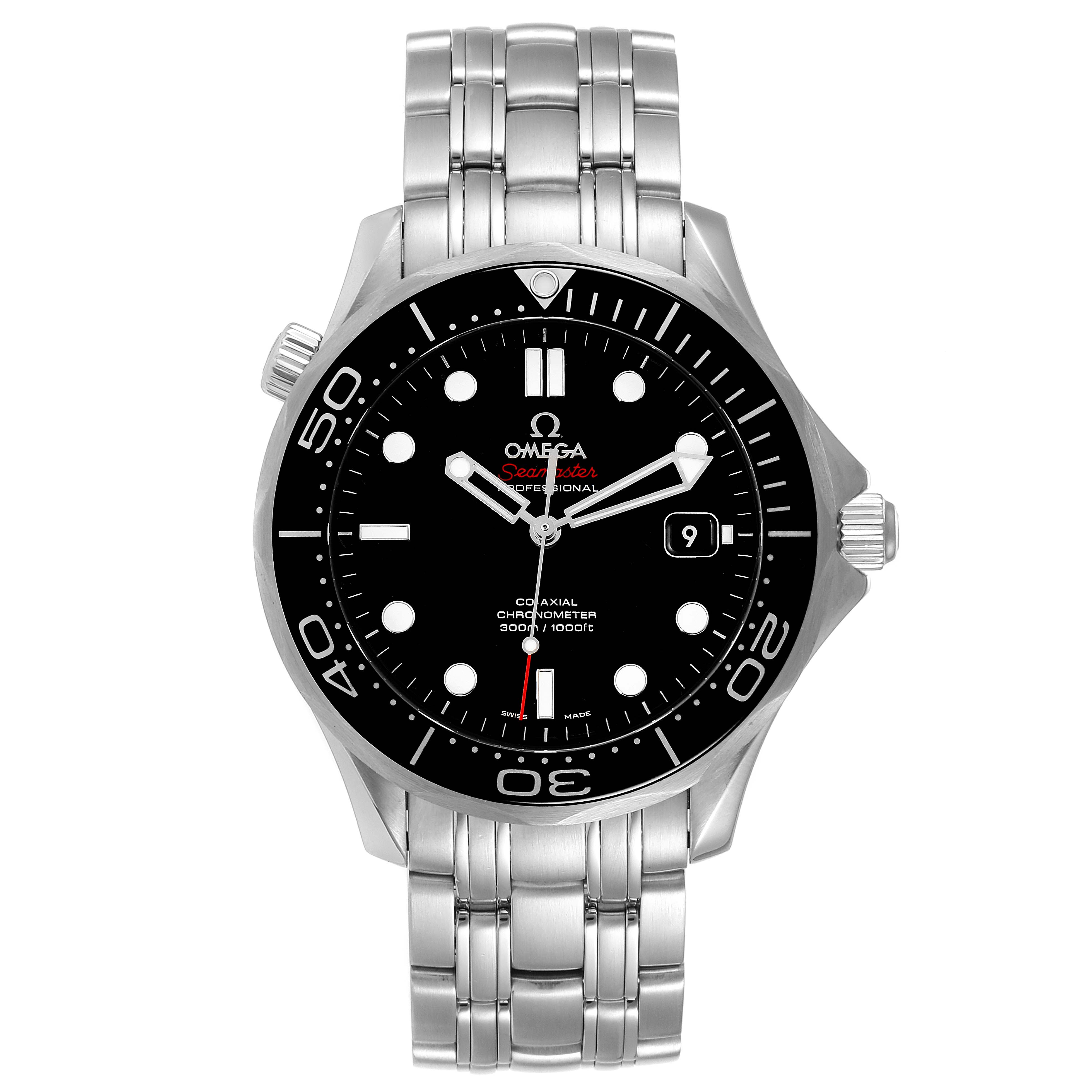 The Omega Seamaster 212.30.41.20.01.003 Men
s Stainless Steel Black Dial 212.30.41.20.01.003 Men
s Stainless Steel Black Dial watch is shown from the front, highlighting the dial, bezel, hands, and stainless steel bracelet.