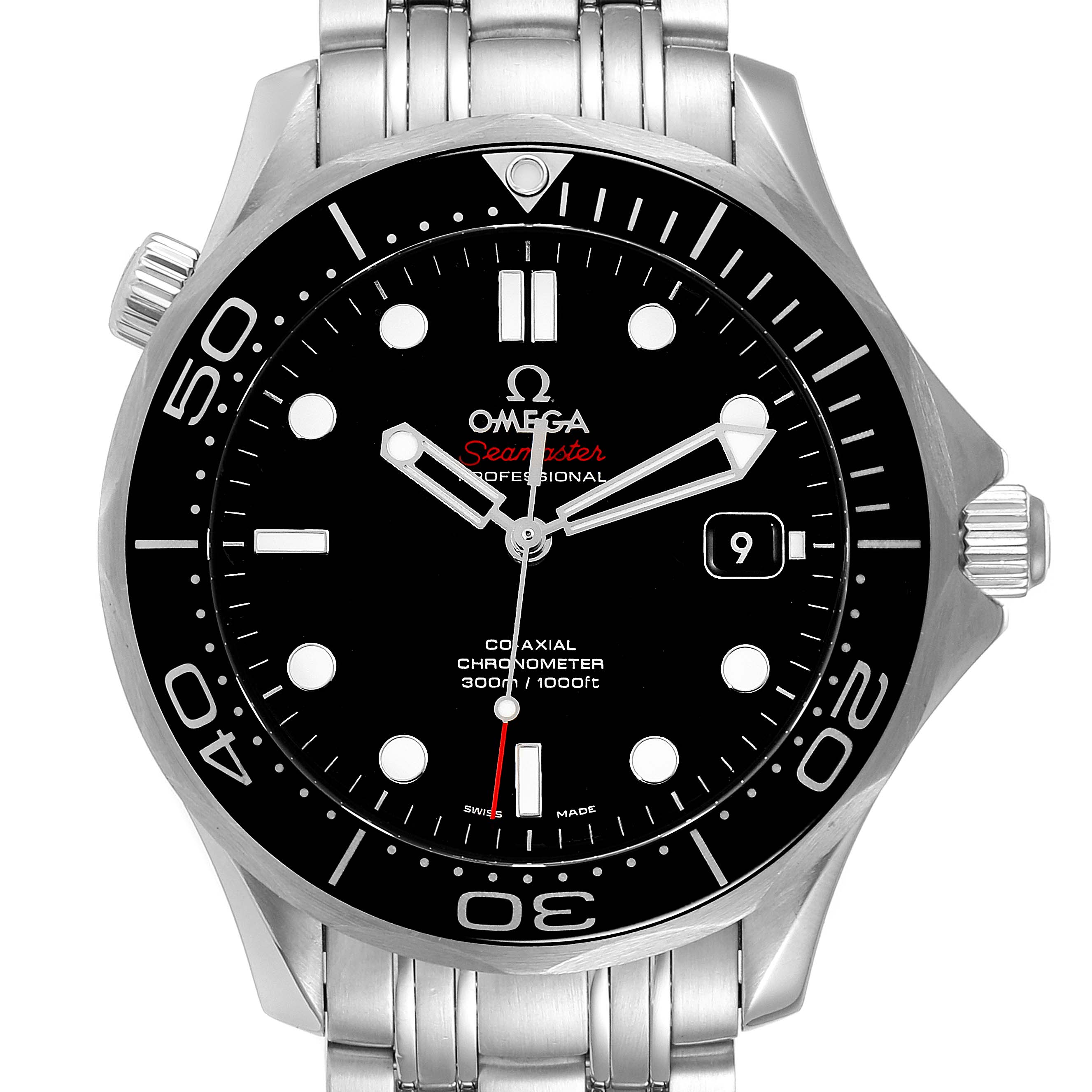 The image shows a front view of the Omega Seamaster 212.30.41.20.01.003 Men
s Stainless Steel Black Dial 212.30.41.20.01.003 Men
s Stainless Steel Black Dial watch, highlighting its face, bezel, and stainless steel bracelet.