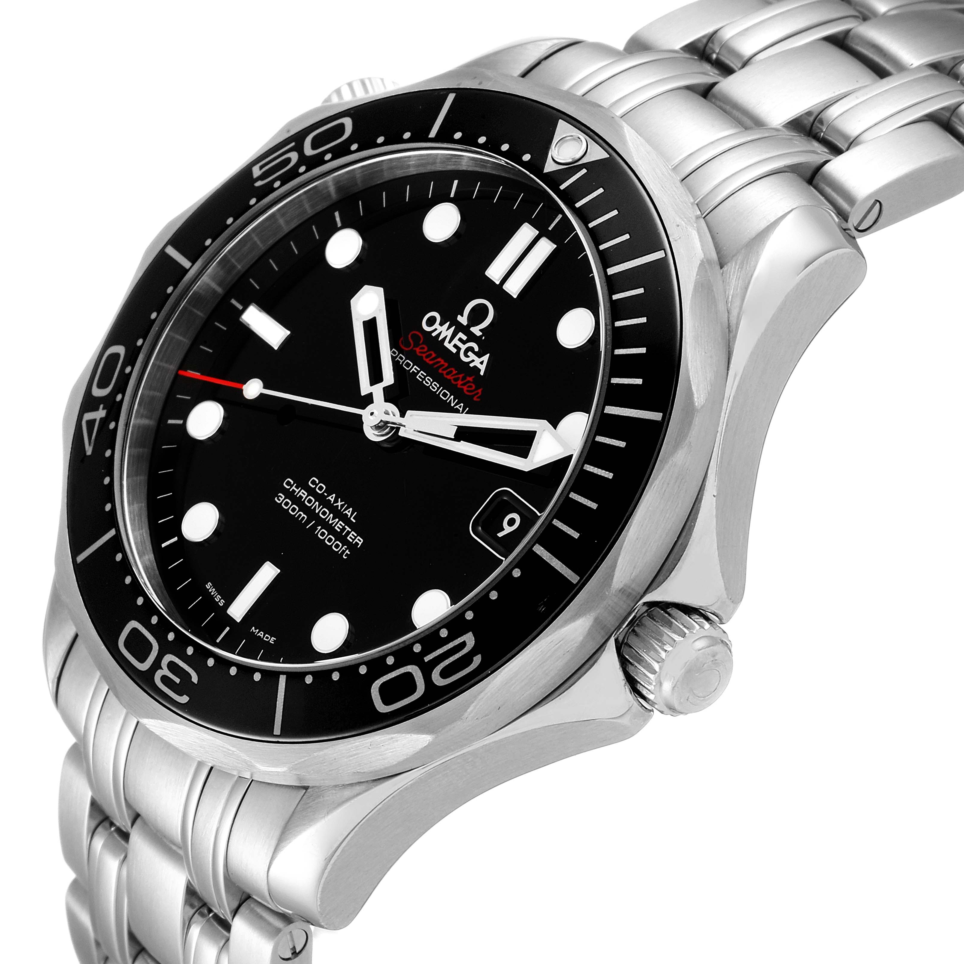 The image shows an angled view of the Omega Seamaster 212.30.41.20.01.003 Men
s Stainless Steel Black Dial 212.30.41.20.01.003 Men
s Stainless Steel Black Dial watch, highlighting the face, bezel, crown, and part of the metal bracelet.