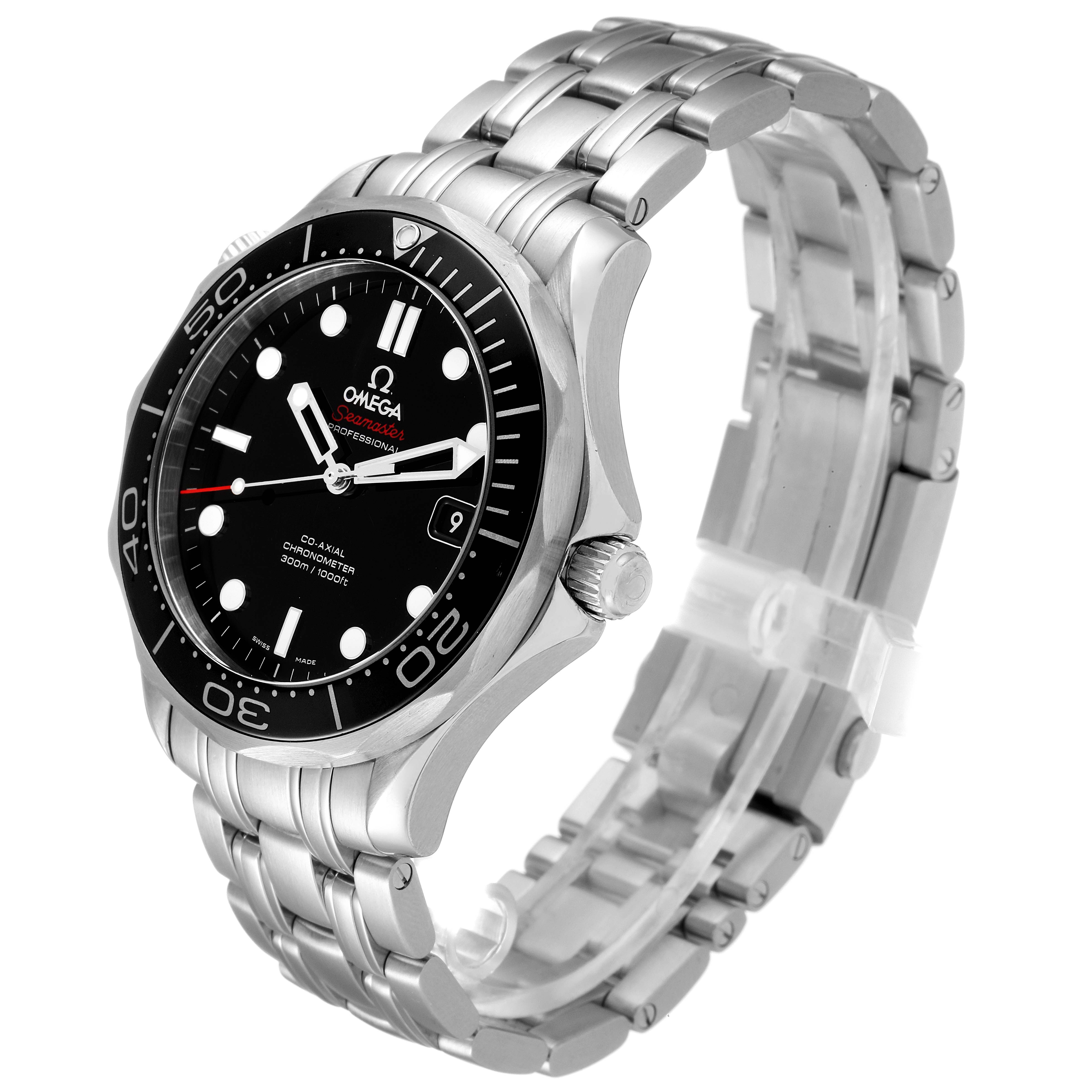 The image shows a side angle of the Omega Seamaster 212.30.41.20.01.003 Men
s Stainless Steel Black Dial 212.30.41.20.01.003 Men
s Stainless Steel Black Dial watch highlighting the bracelet, bezel, crown, and dial.
