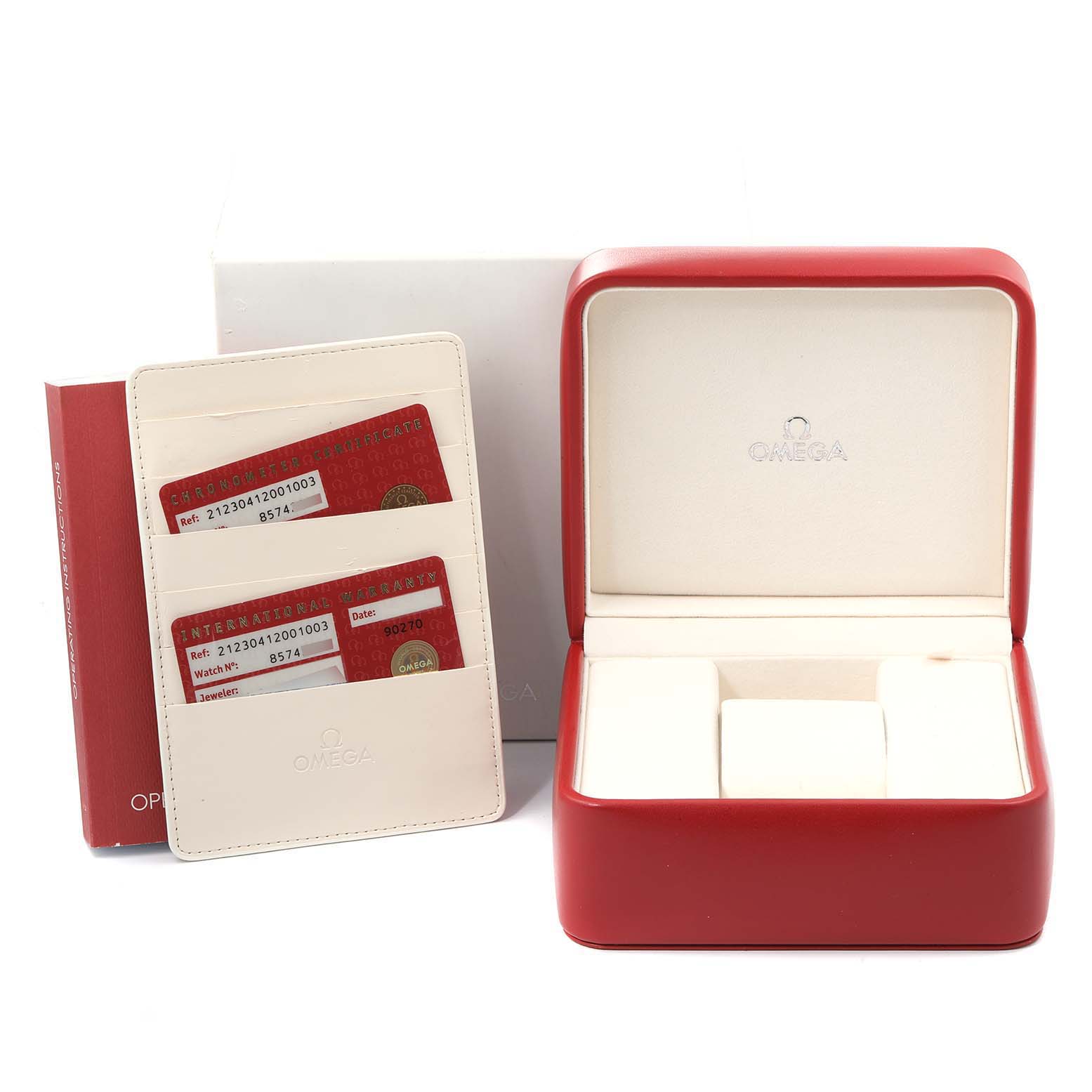 This image shows the Omega Seamaster 212.30.41.20.01.003 Men
s Stainless Steel Black Dial 212.30.41.20.01.003 Men
s Stainless Steel Black Dial watch accessories, including the box, warranty cards, and instruction manual.