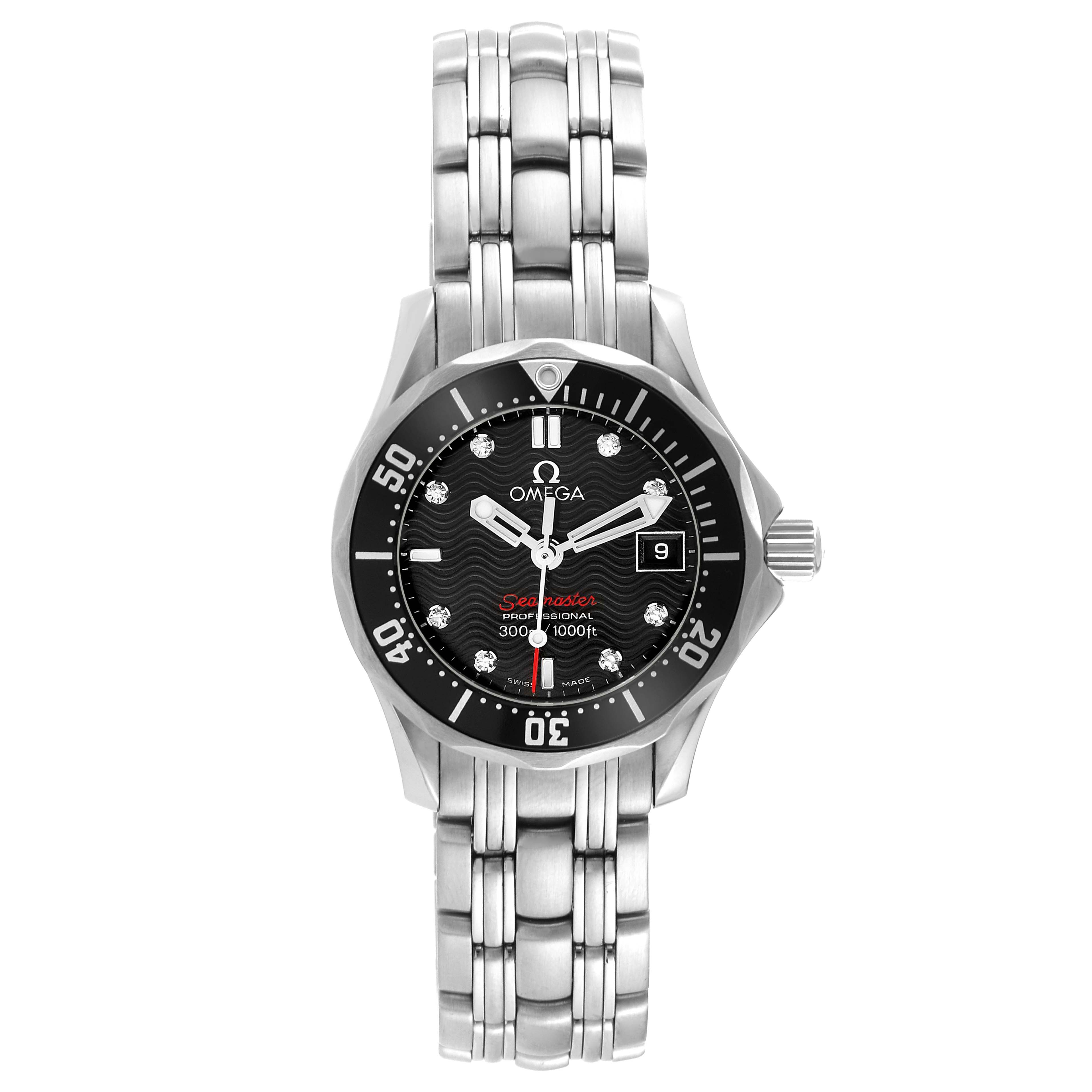 This image shows a frontal view of the Omega 212.30.28.61.51.001 Women's Stainless Steel Black Dial 212.30.28.61.51.001 Women's Stainless Steel Black Dial Seamaster Diamond Ladies Watch 212.30.28.61.51.001, highlighting the dial, bezel, and bracelet.