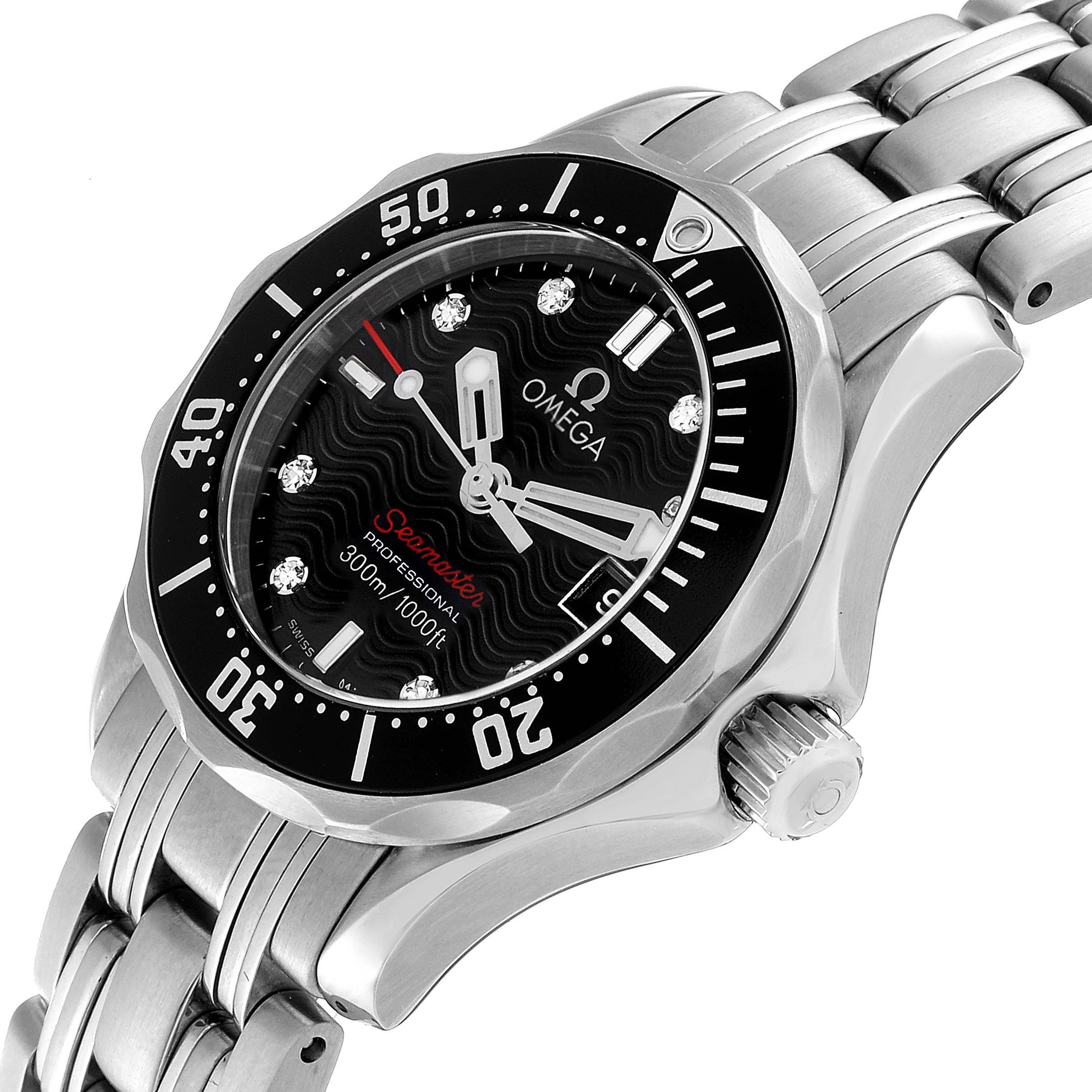 The image shows a side angle of the Omega 212.30.28.61.51.001 Women's Stainless Steel Black Dial 212.30.28.61.51.001 Women's Stainless Steel Black Dial Seamaster Diamond Ladies Watch 212.30.28.61.51.001, featuring the dial, bezel, and part of the bracelet.